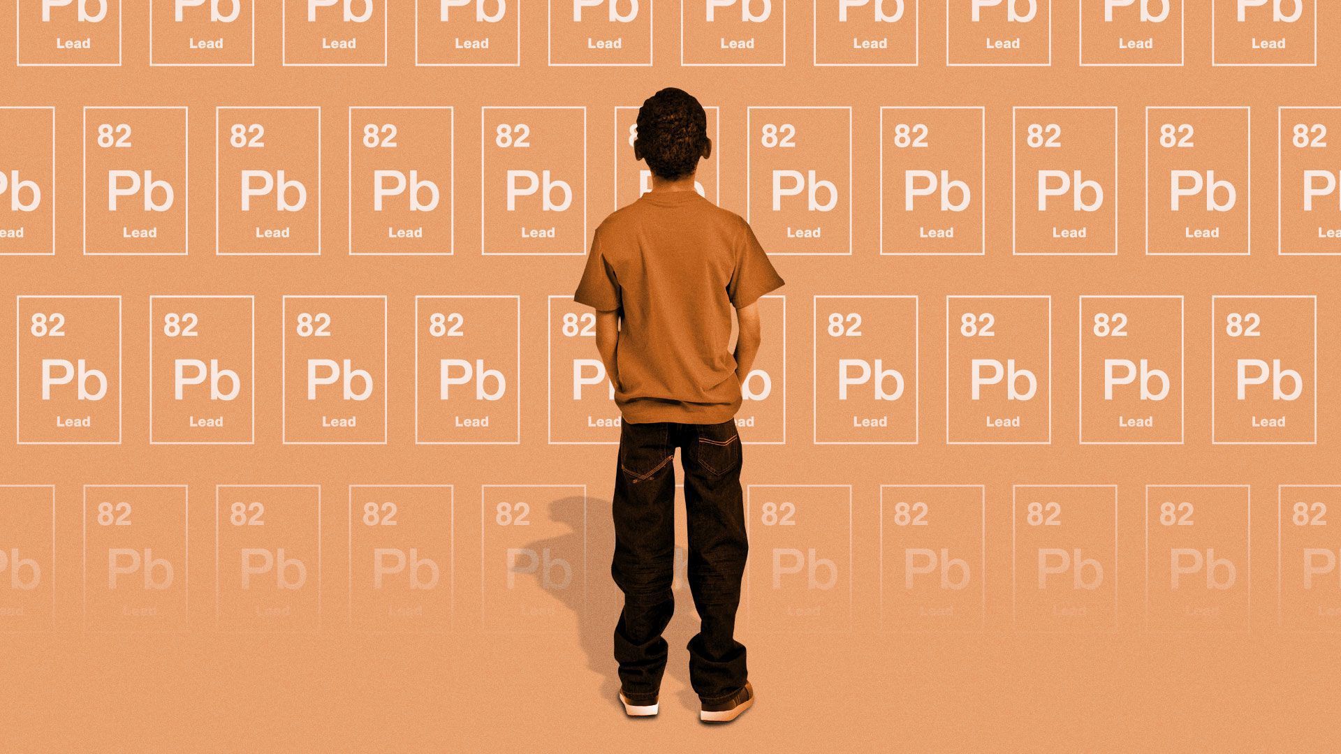 Illustration of a kid looking at the elemental symbol of lead.