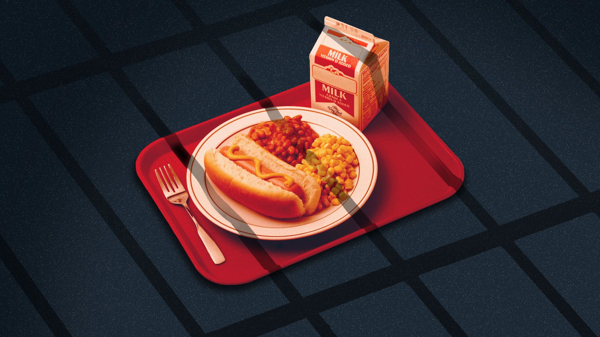 Illustration of a school lunch tray full of food in a prison cell.