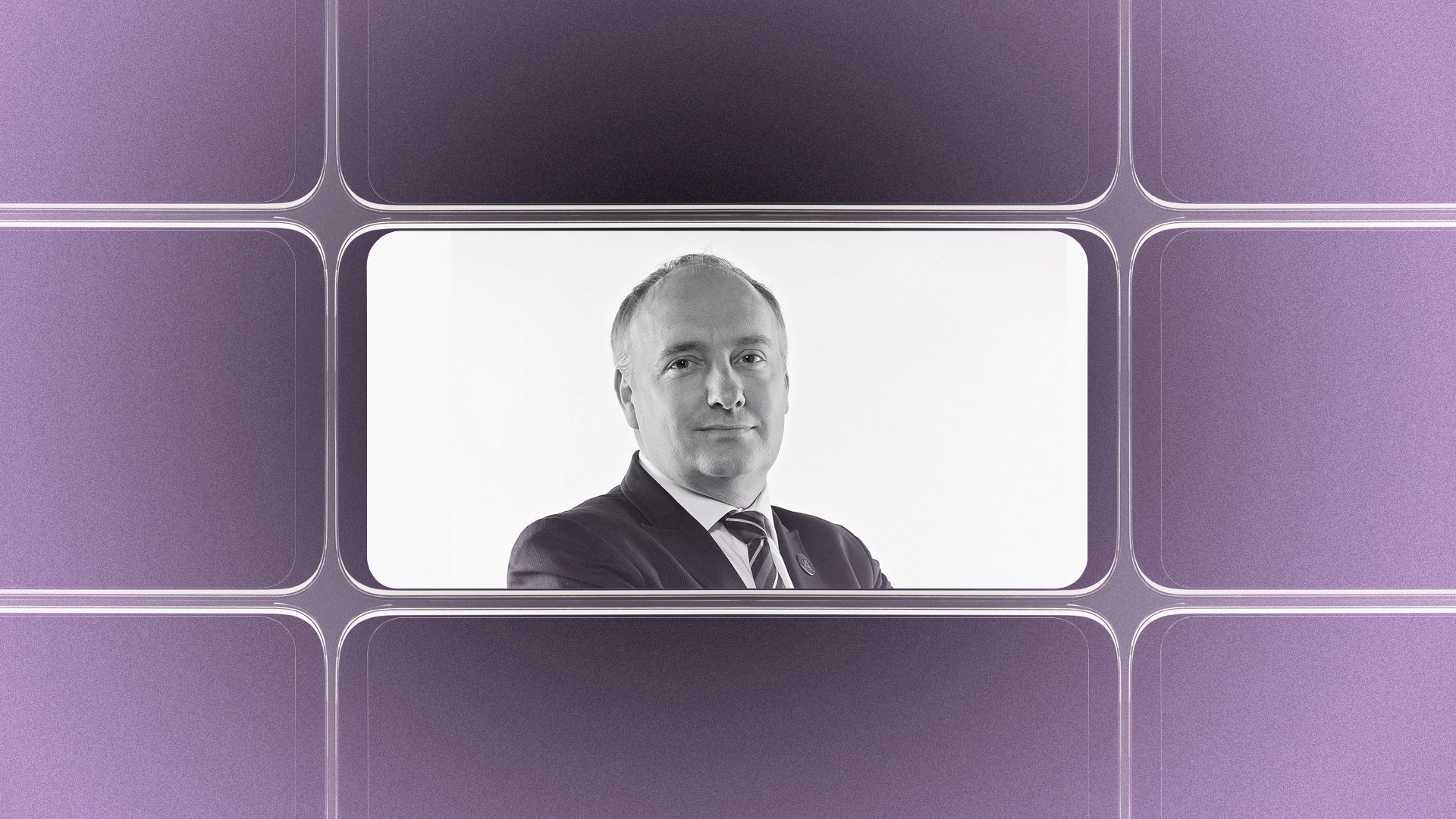 Photo illustration of a grid of smartphone screens, the center one showing an image of Darren Eales.