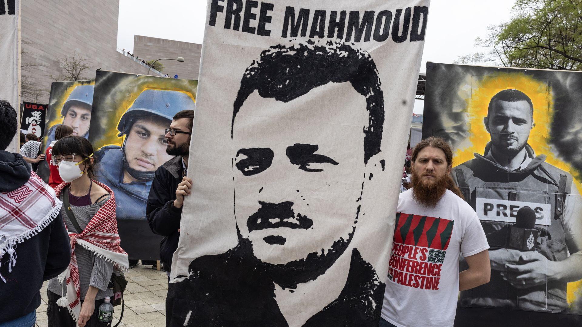 Pro Palestine demonstrators hold a rally and march to the national ICE headquarters to protest the arrest of Palestinian activists, April 5, 2025 in Washington, D.C. (Photo by Andrew Lichtenstein/Corbis via Getty Images)