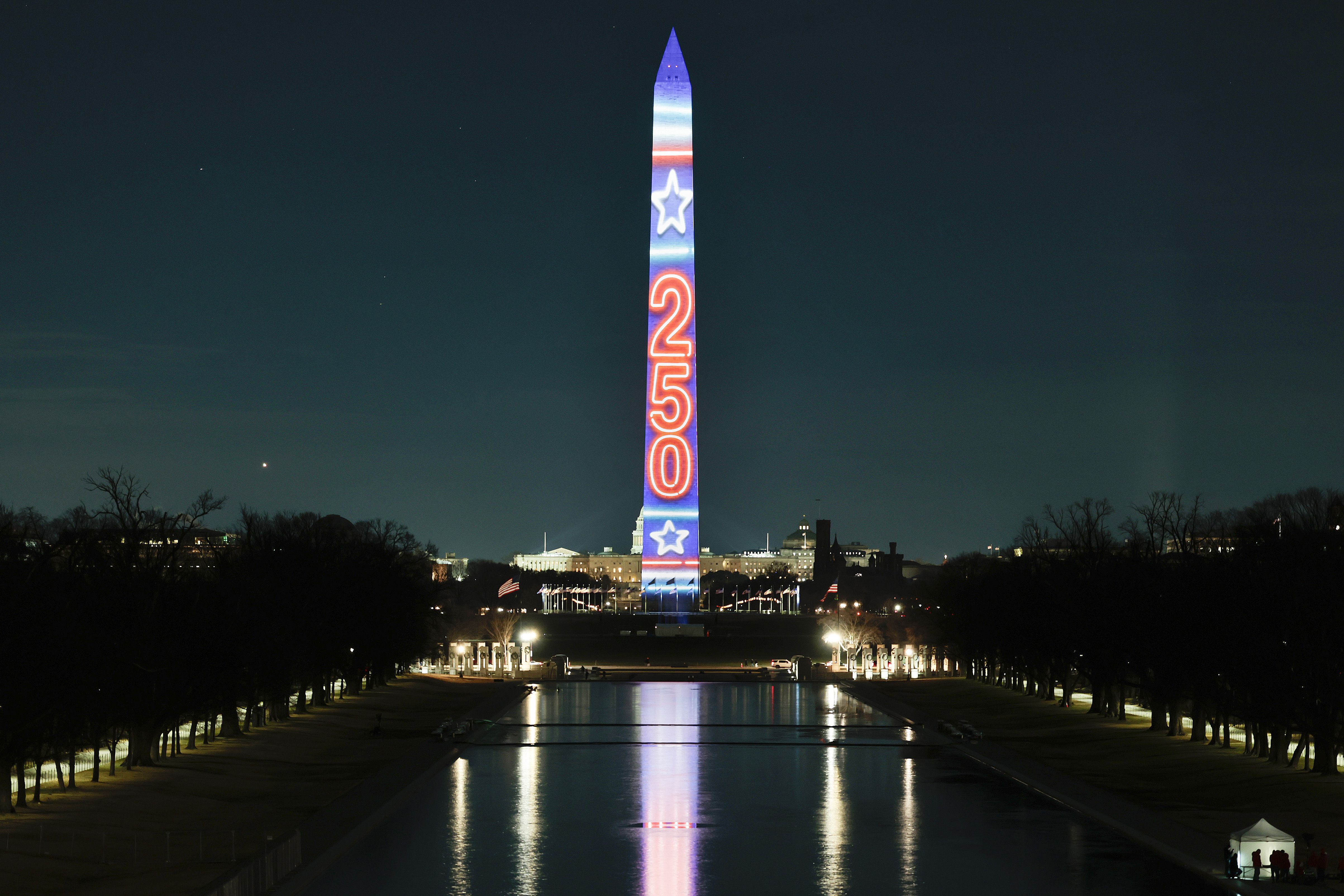 The Washington Monument is illuminated with Freedom 250 projections on December 31, 2025, in Washington, DC. As part of a New Year's Eve celebration, each side of the monument features storytelling projections throughout the evening to kick off the United States' 250th anniversary in 2026. (Photo by