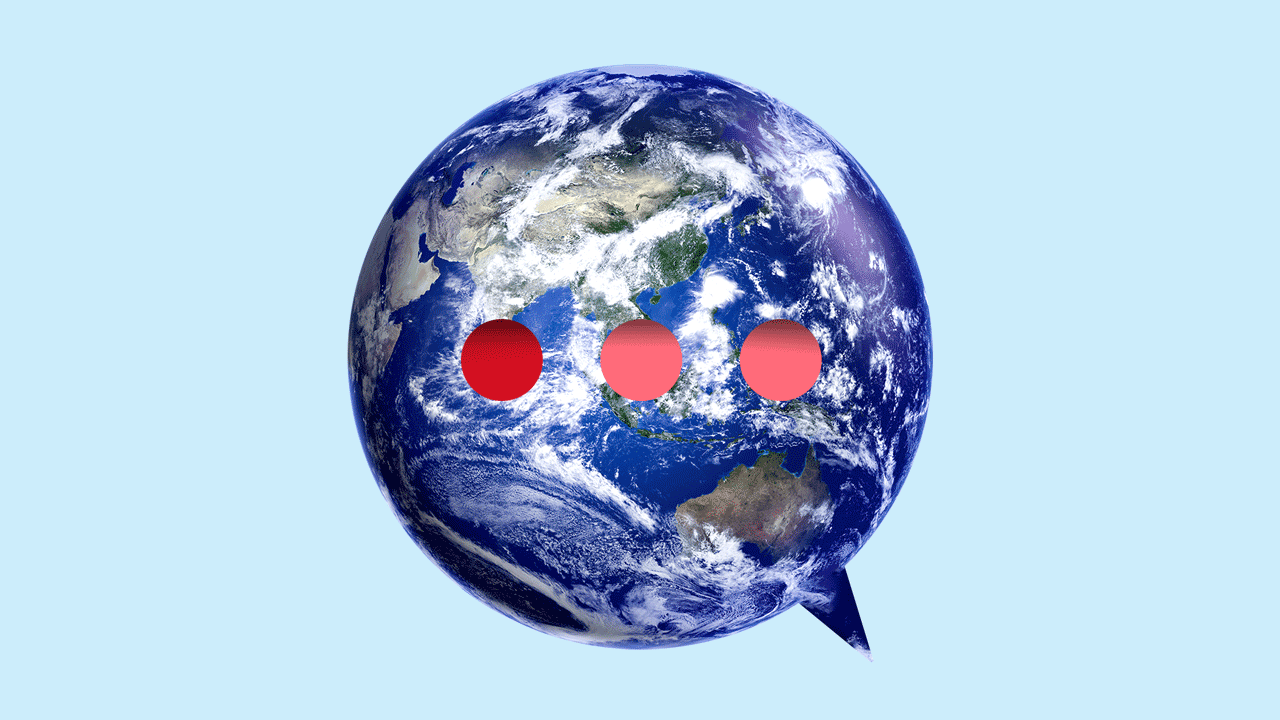 Animated illustration of Earth in the shape of a speech bubble with an ellipsis in the center to indicate typing