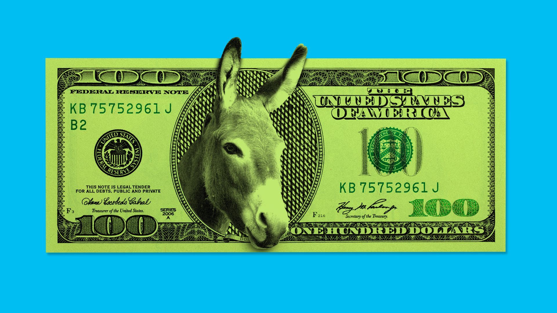 Illustration of a hundred dollar bill with a donkey as the face. 