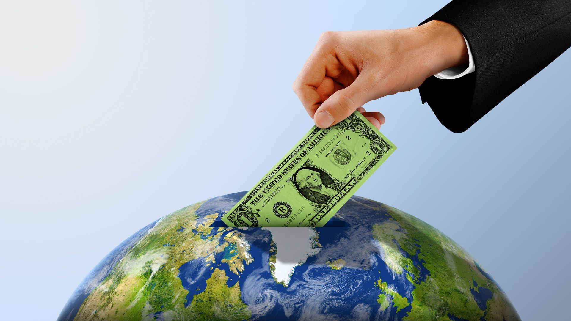 Illustration of a hand depositing a one dollar bill into the Earth through a slot.