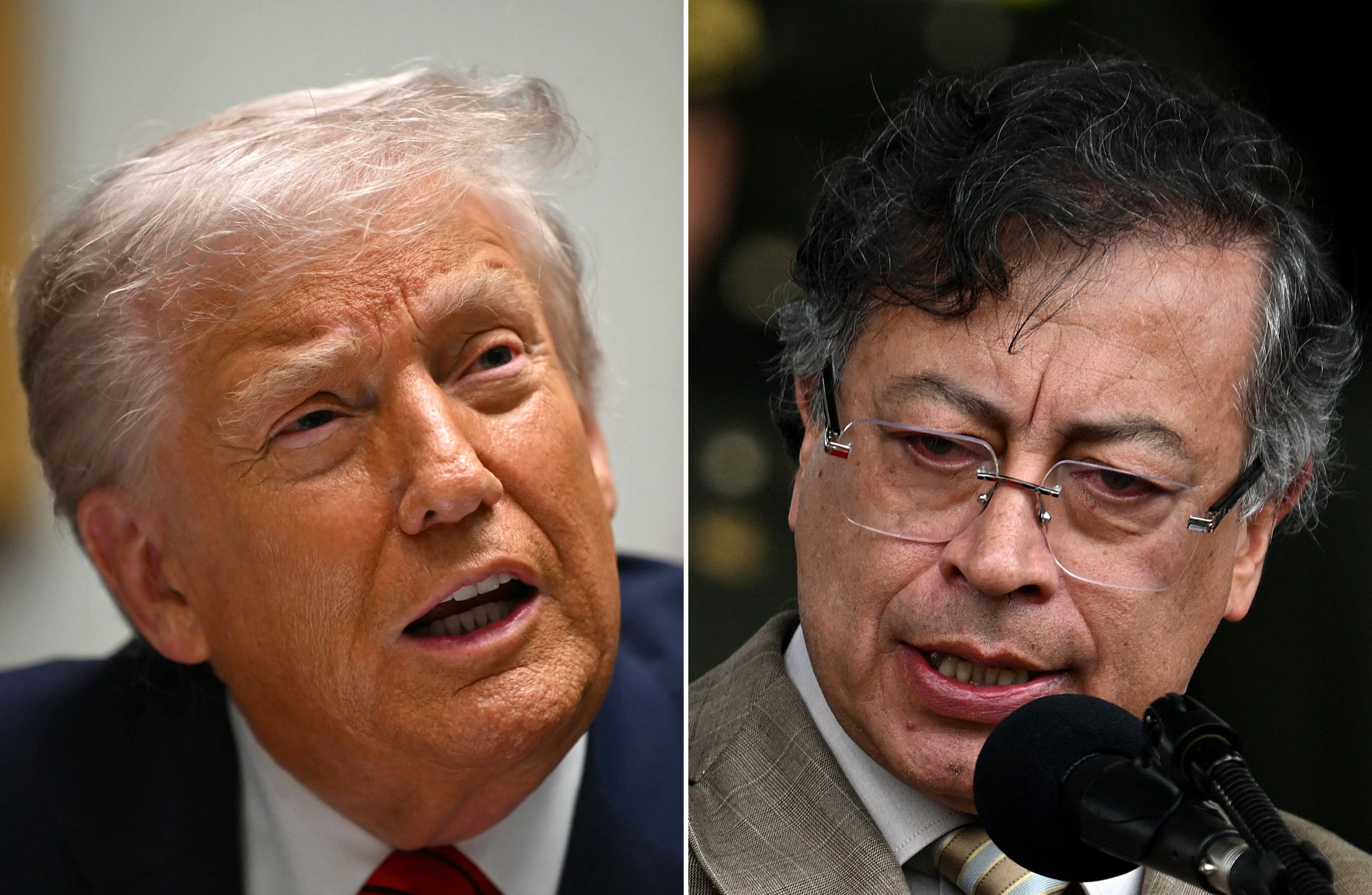Split image of U.S. President Donald Trump (left) speaking at the White House and Colombian President Gustavo Petro  (right) delivering a speech in Bogotá.