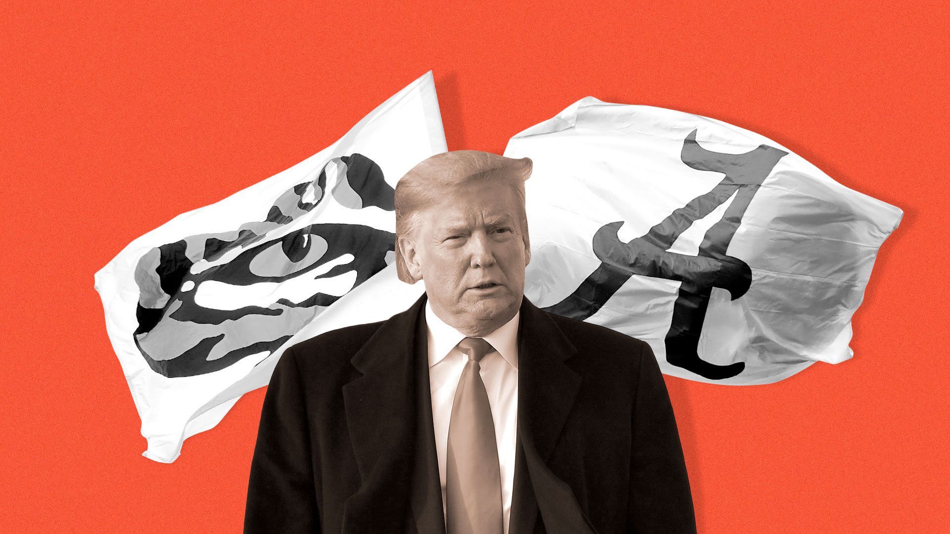 President Trump in front of Alabama and LSU flags