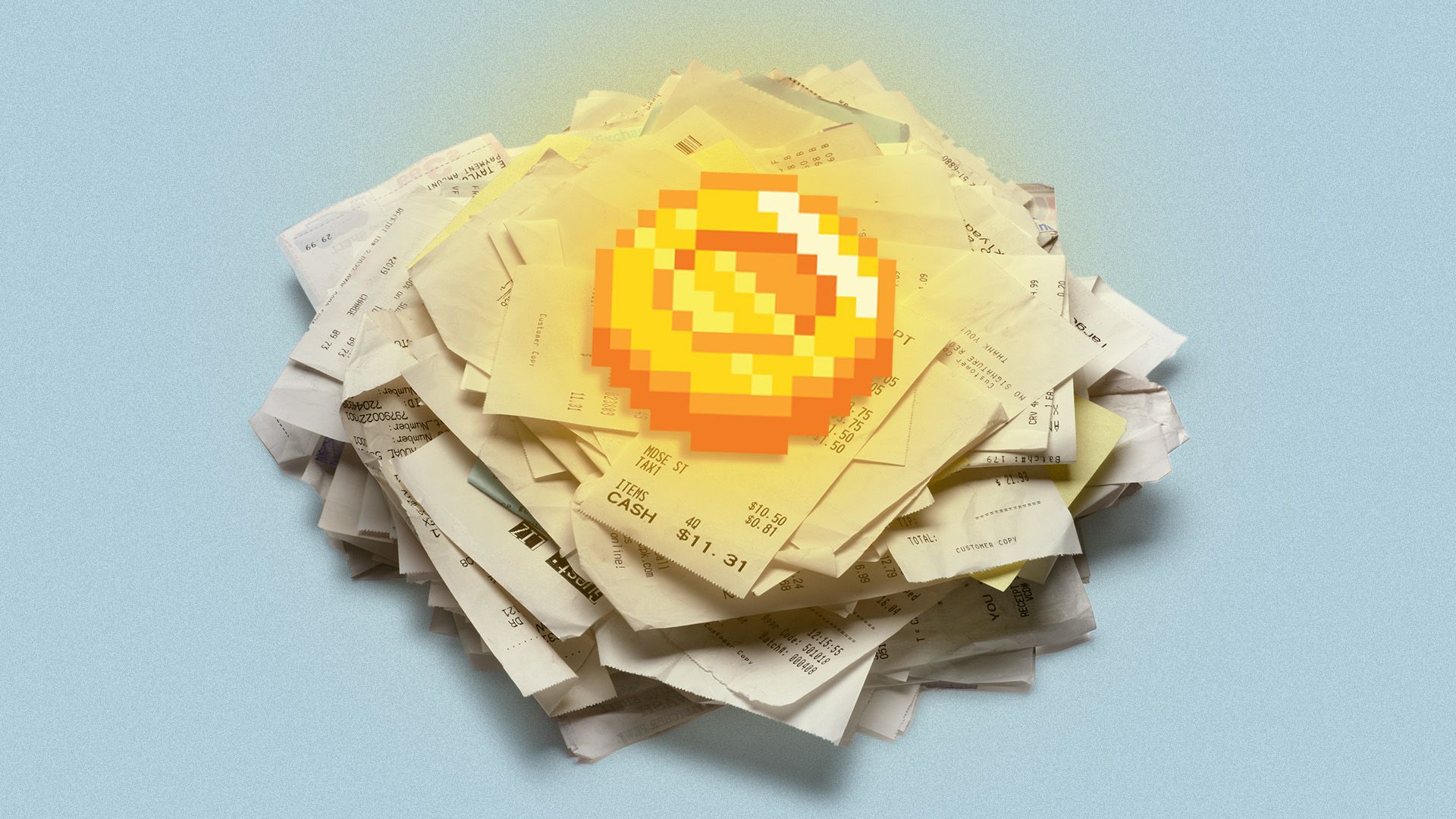 Illustration of a crypto coin glowing atop a pile of receipts