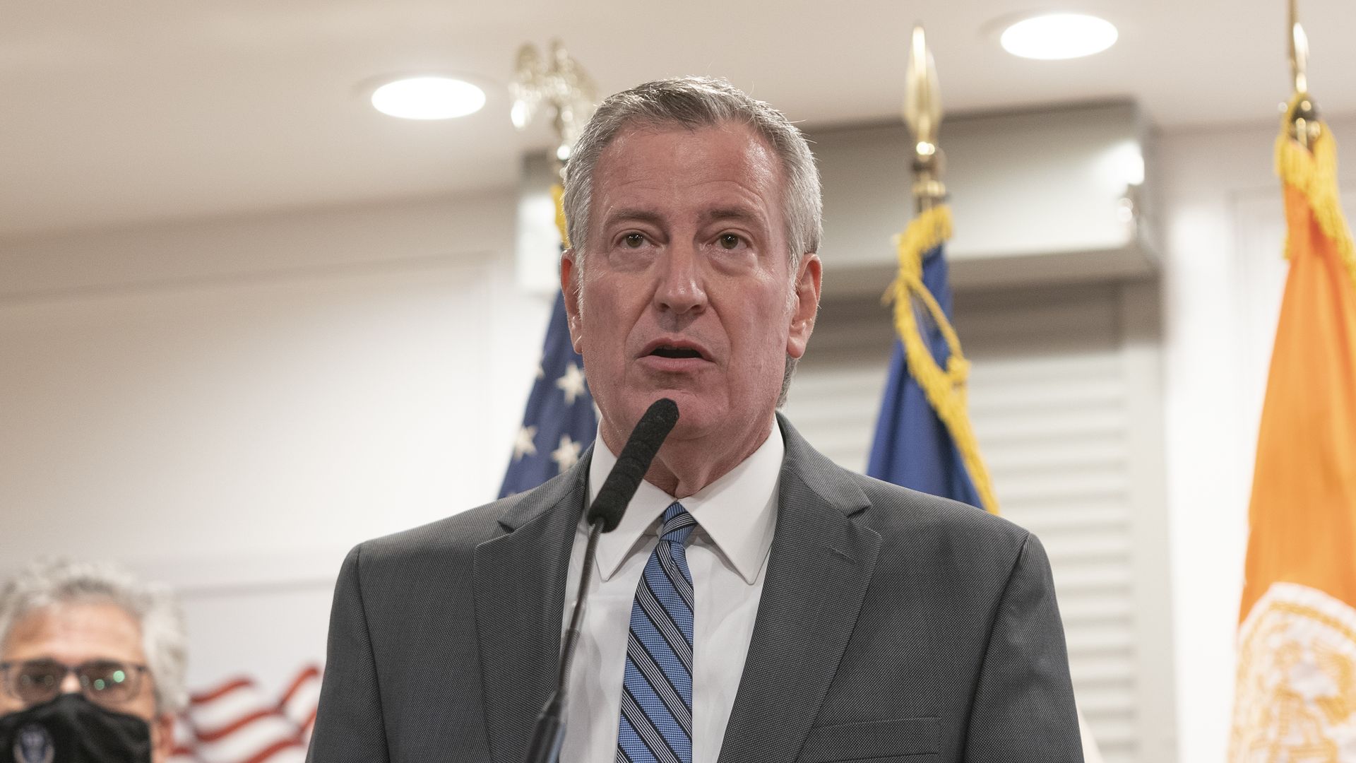 Mayor Bill de Blasio speaks during press availability after he toured jail complex on situation there on Rikers island