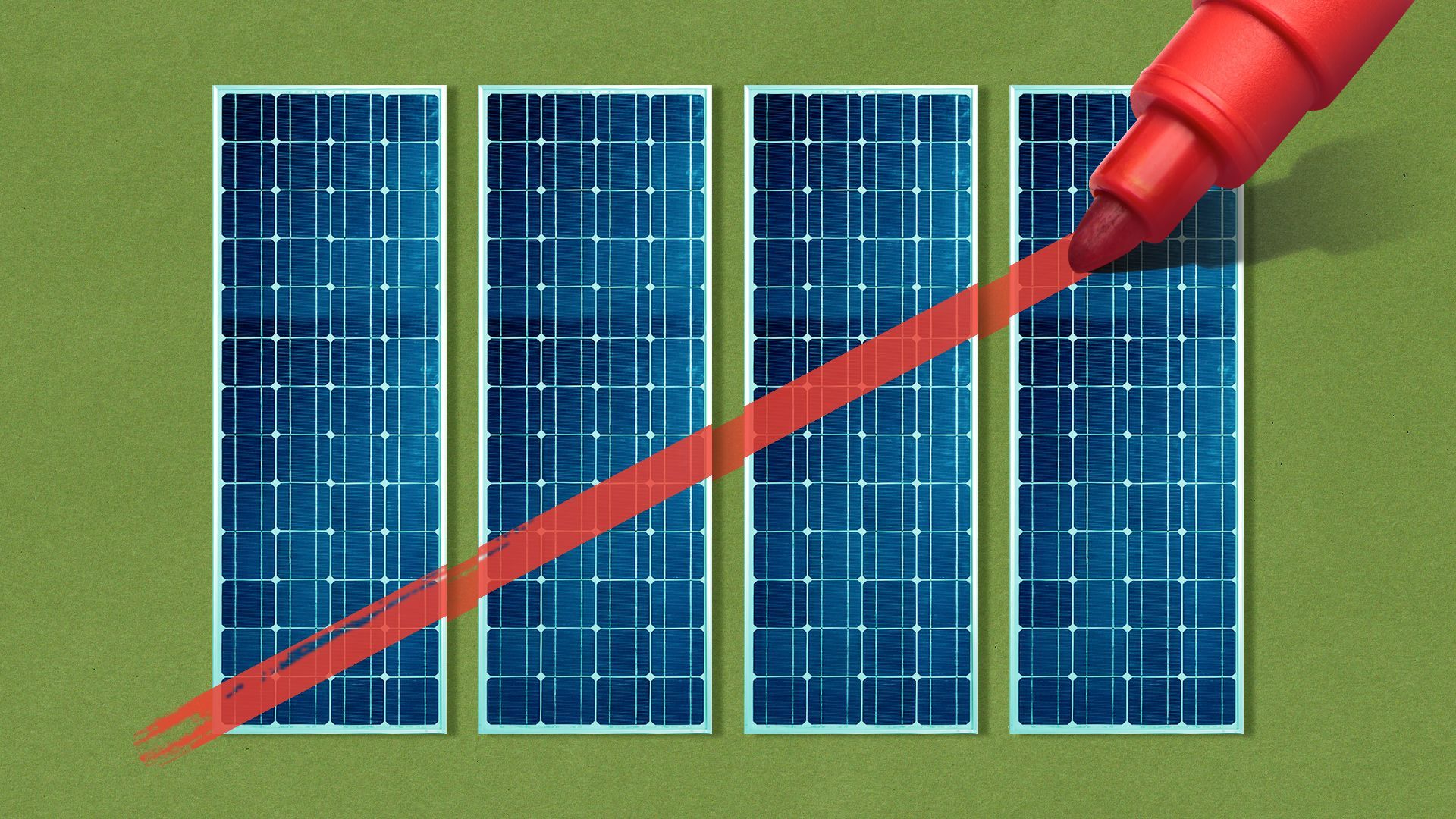 Illustration of 4 narrow solar panels side by side, with a red marker drawing a fifth line diagonally across similar to a tally mark.