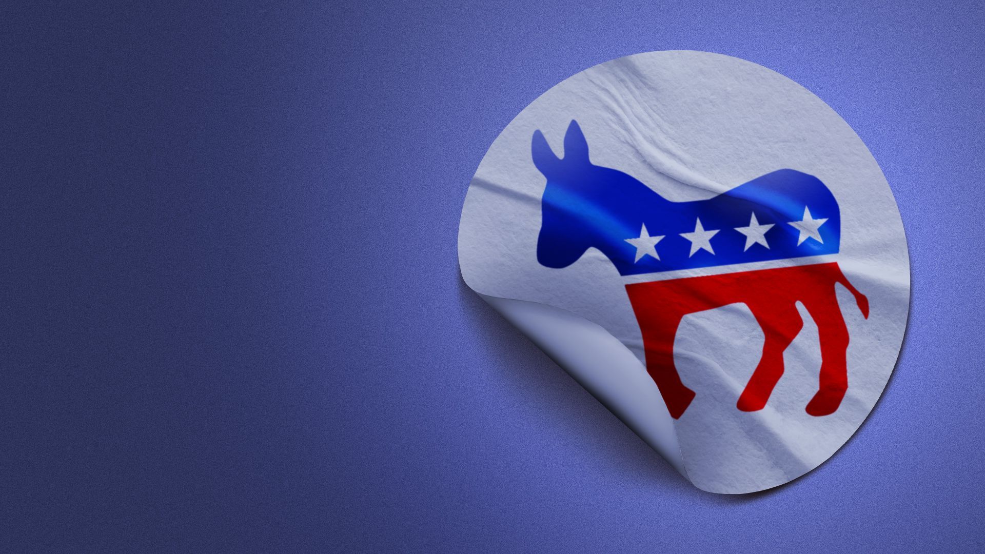 Illustration of a wrinkled and peeling sticker featuring the Democratic party donkey logo