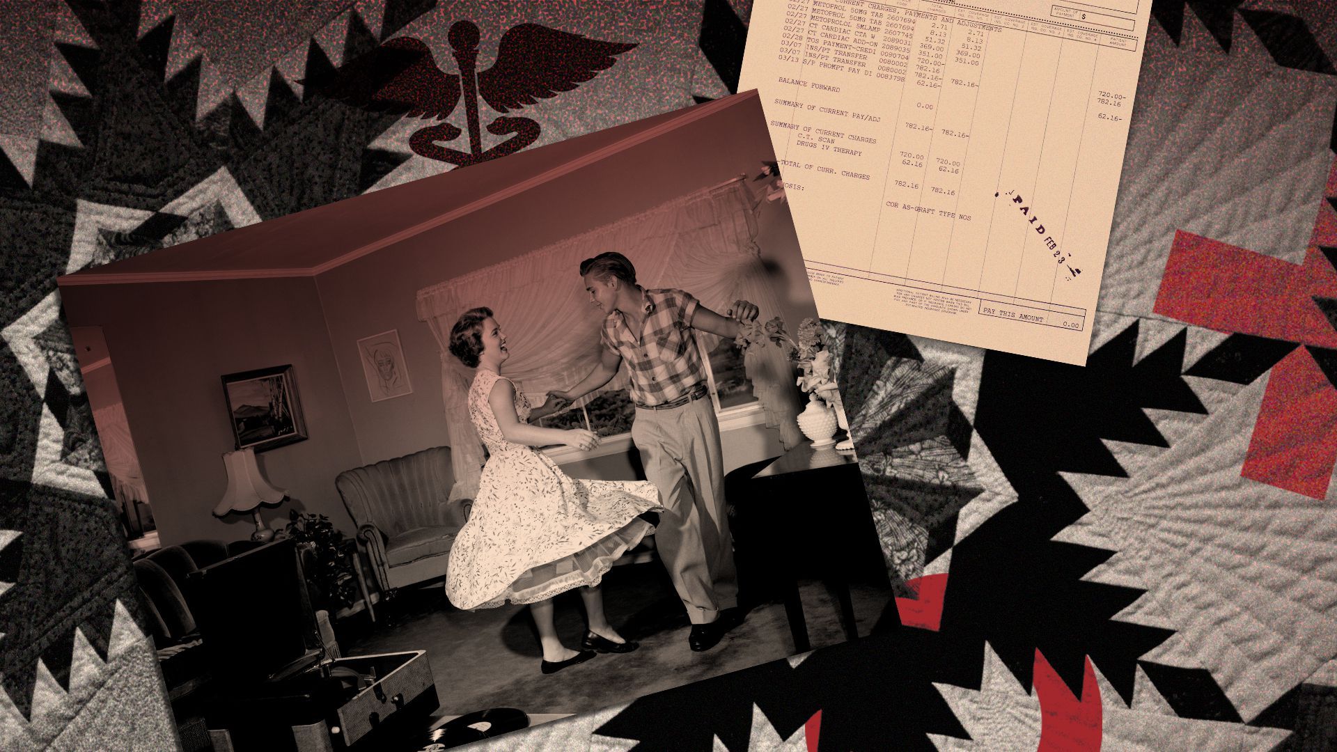 Photo collage of a photo of a couple from the 1950s dancing, with medical crosses, a medical bill and a quilt texture.