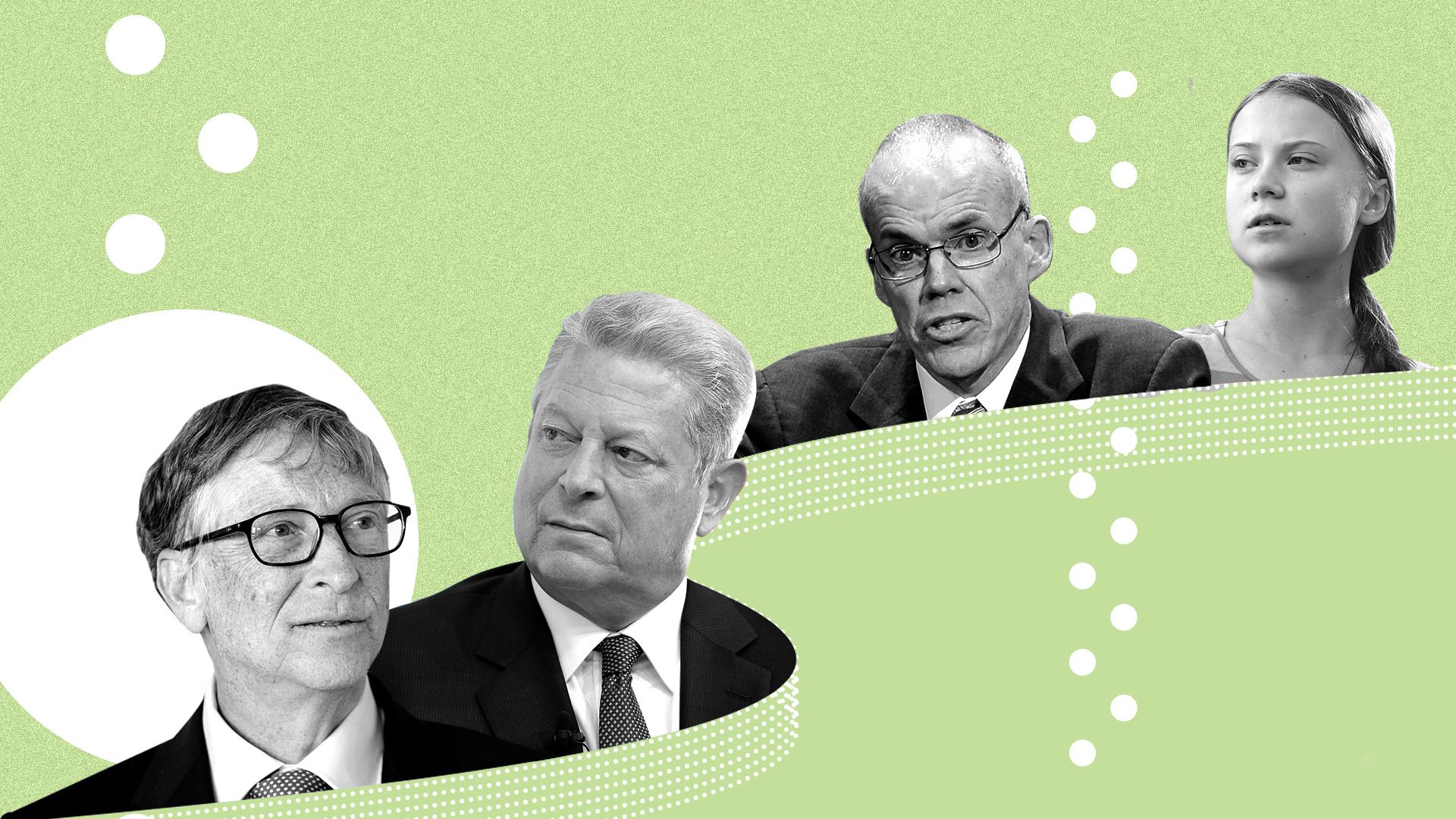 Photo illustration of Bill Gates, Al Gore, Bill McKibben and Greta Thunberg.