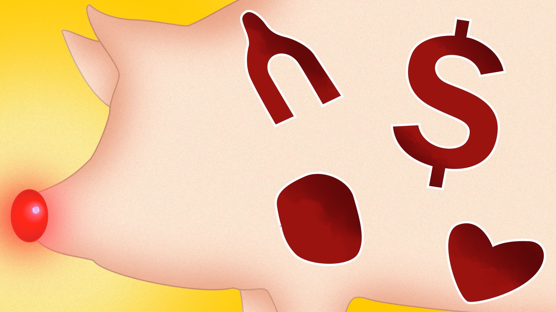 Illustration referencing the game Operation, with organs and a dollar sign cavity within a pig shape. 