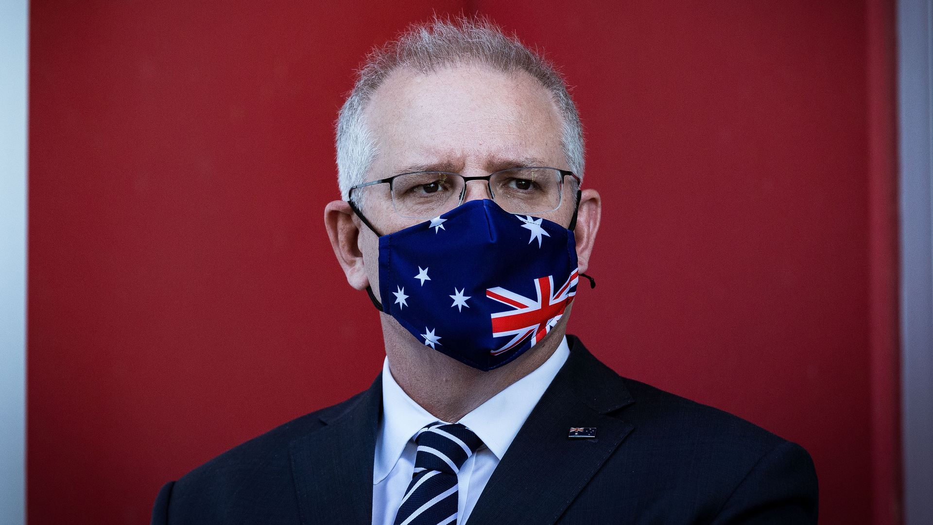 Prime Minister Scott Morrison looks on during a press conference at CSL Lab where a COVID-19 Vaccine is being produced on November 16, 2020 in Melbourne, Australia.