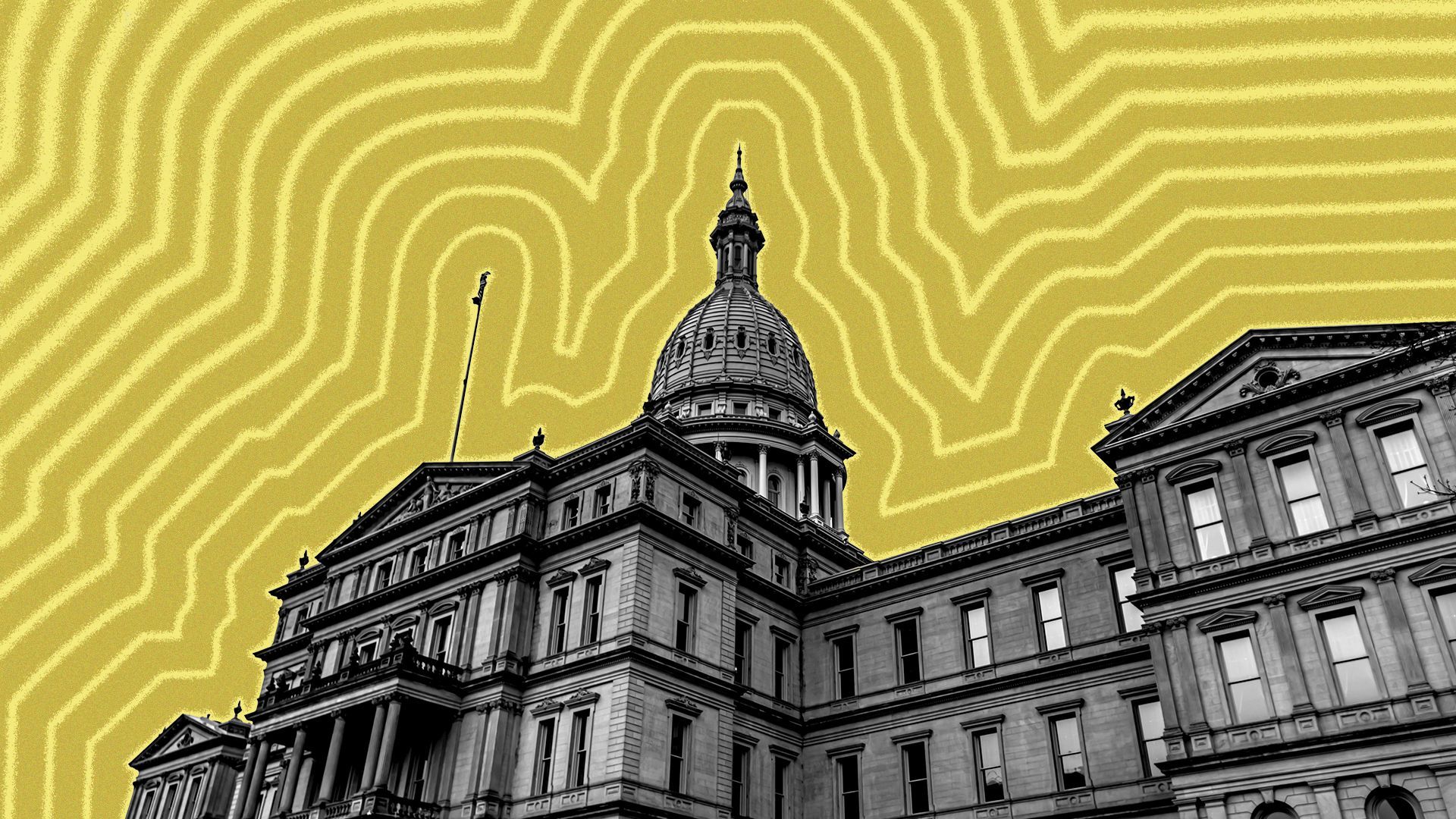 Illustration of the Michigan state capitol with lines radiating from it. 