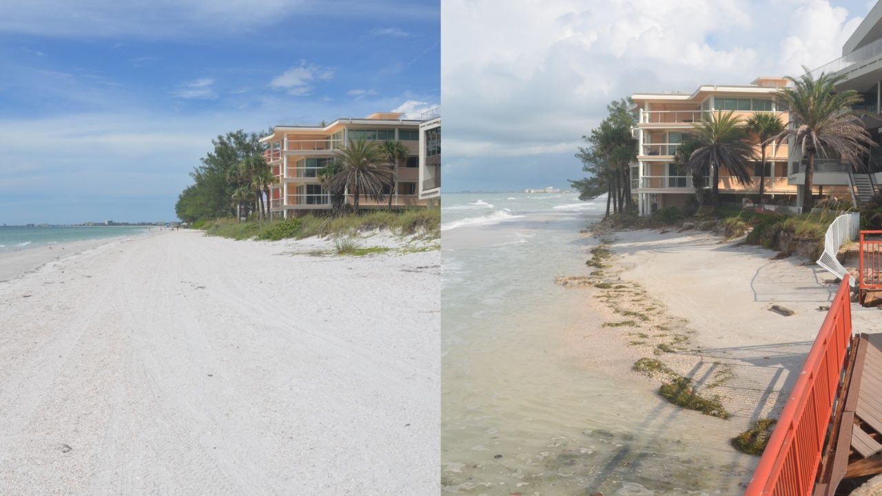 A composite of two images of the same stretch of beach before and after a hurricane.