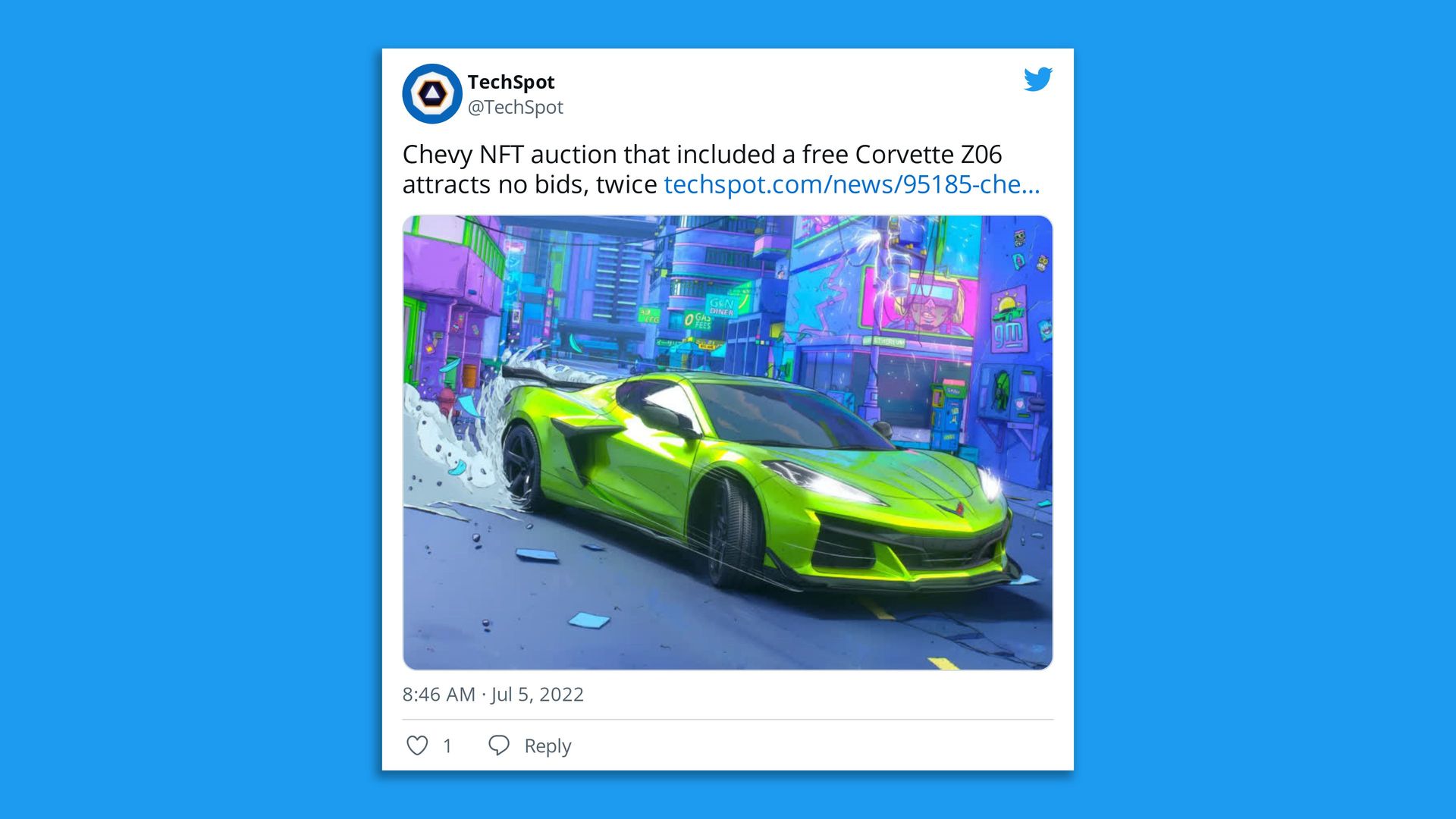 Tweet about a TechSpot story about a Chevrolet NFT that attracted no bids. 