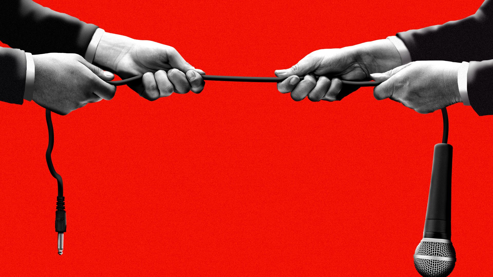 Illustration of two people in suits fighting over a microphone cord in a tug-of-war