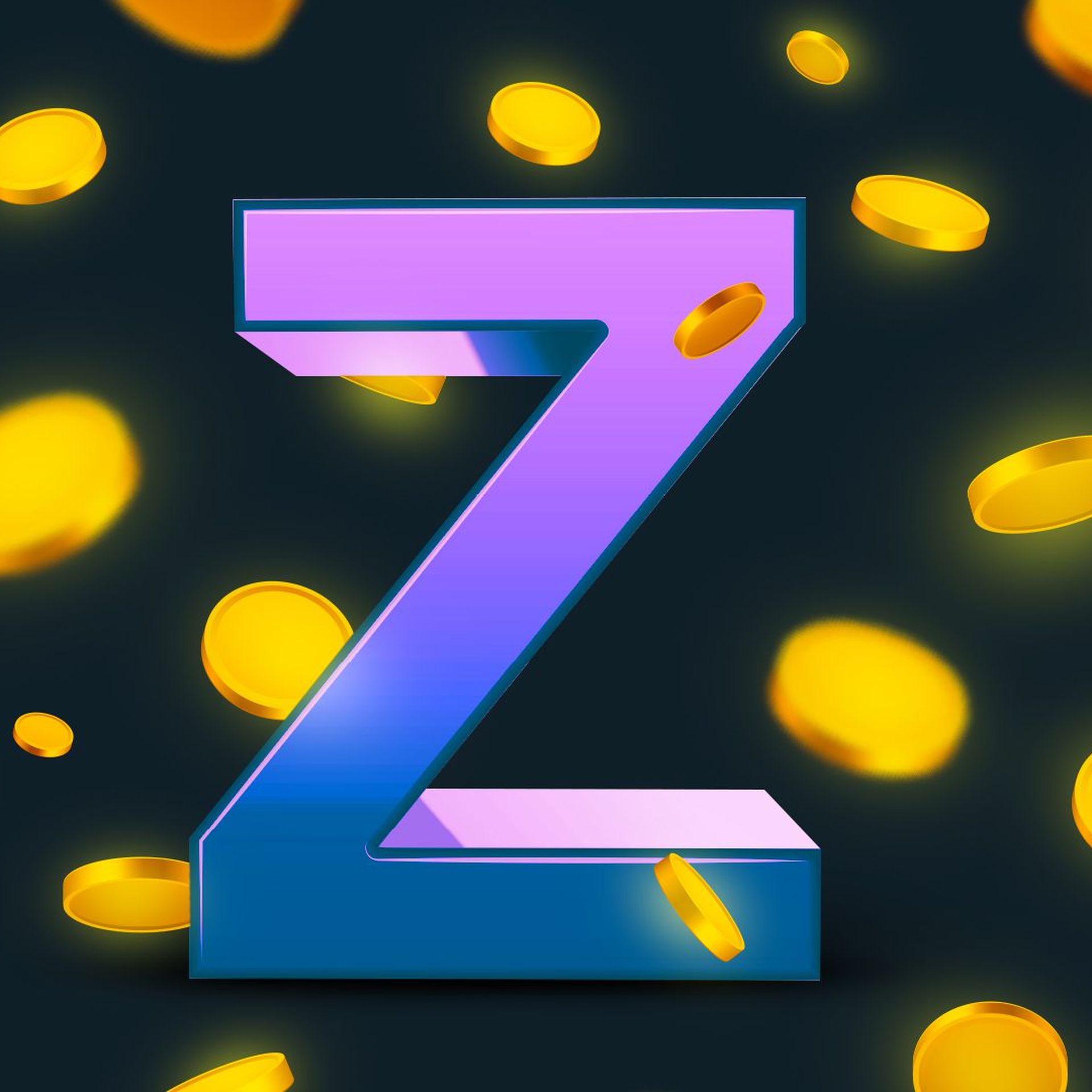Illustration of a 3D letter Z surrounded by a shower of glowing coins. 
