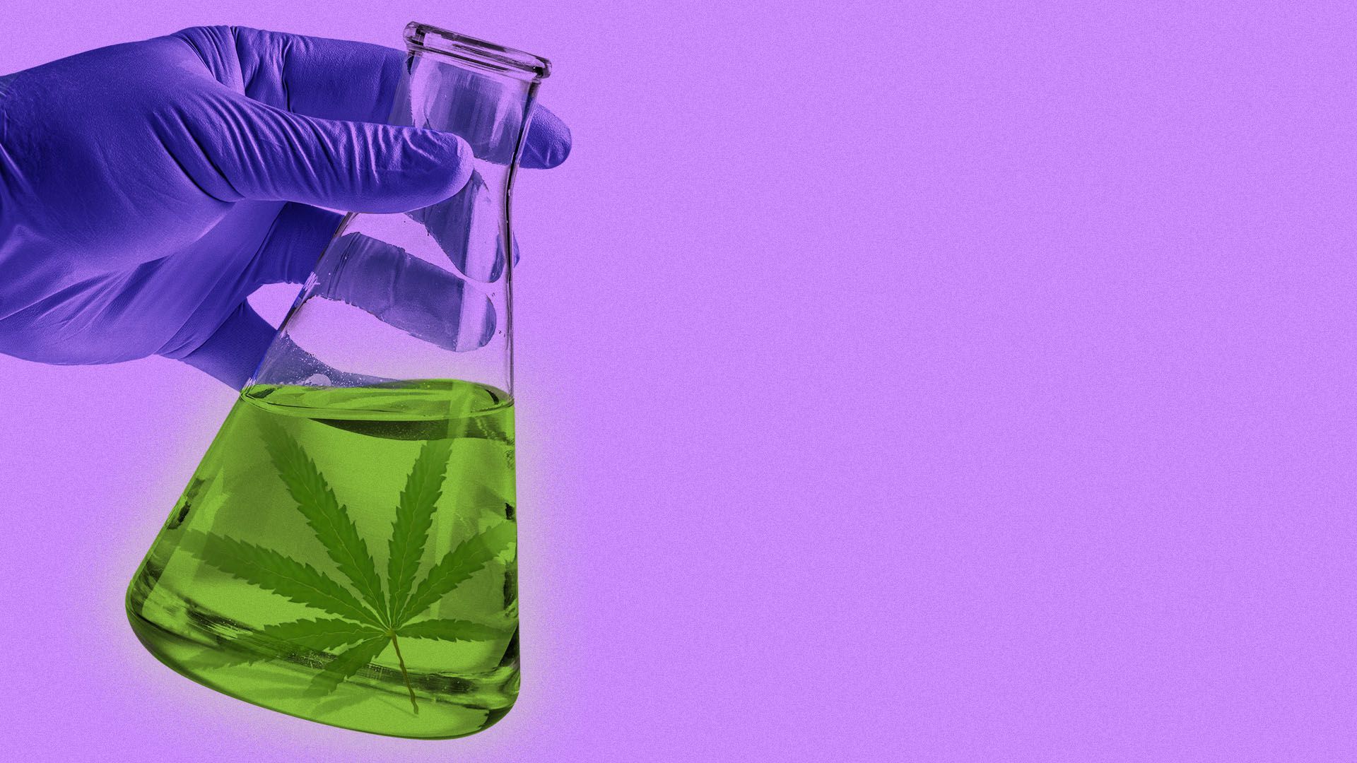 Illustration of a hand holding a beaker with a green liquid and a marijuana leaf inside