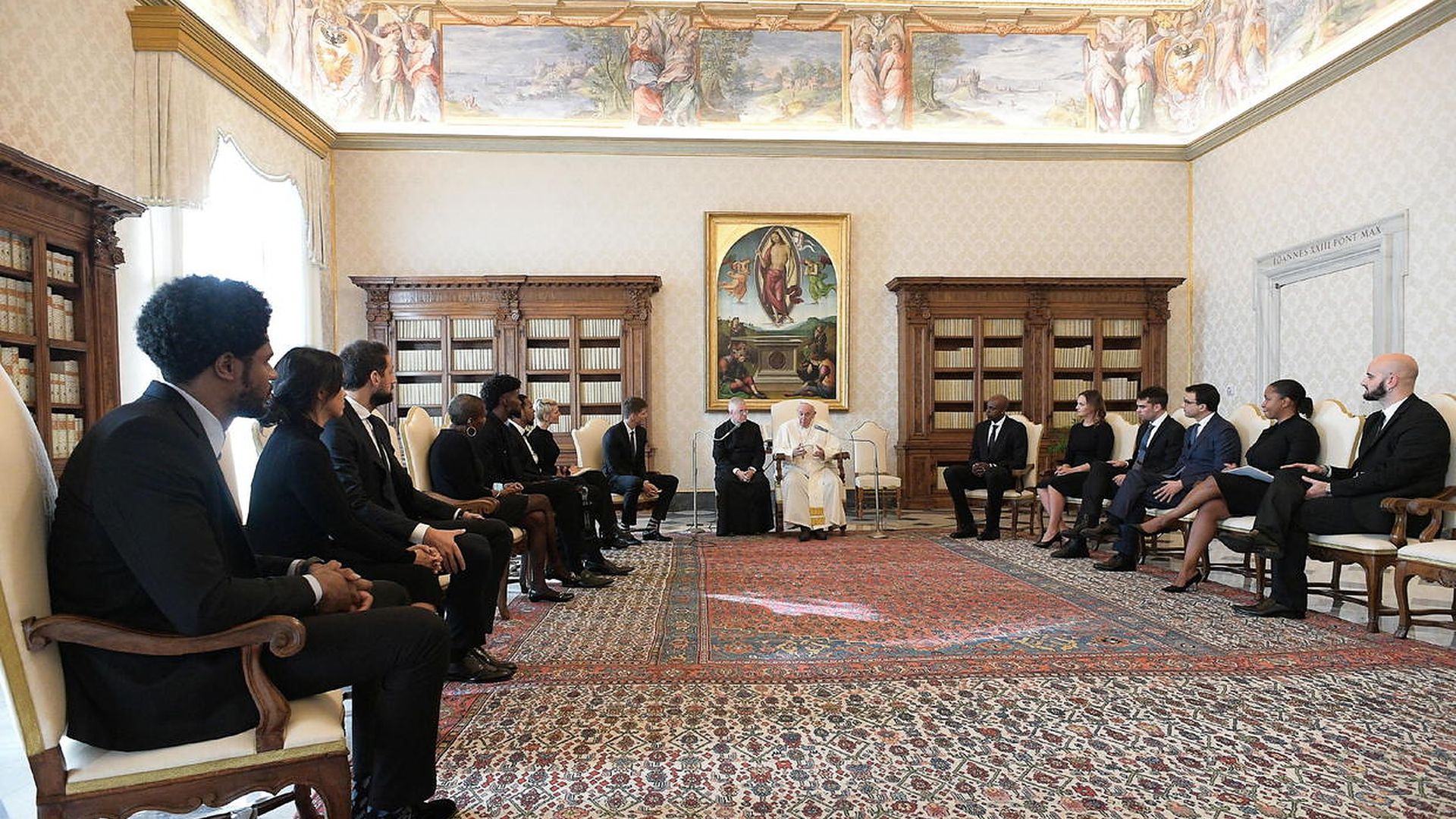 Pope Francis meets a delegation of five NBA players and officials from the National Basketball Players Association at the Vatican.
