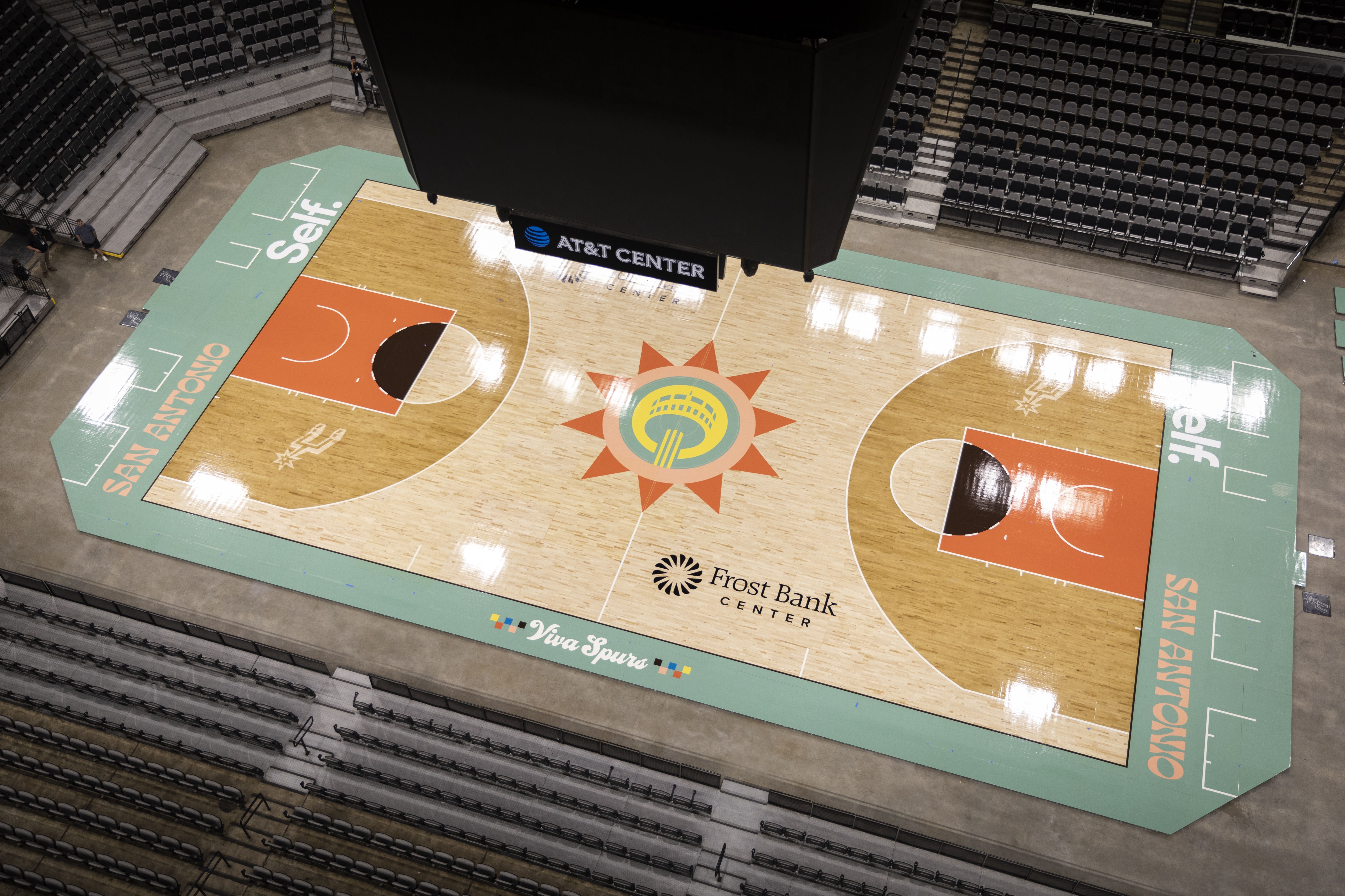 The Spurs' new City Edition court features the Tower of the Americas.