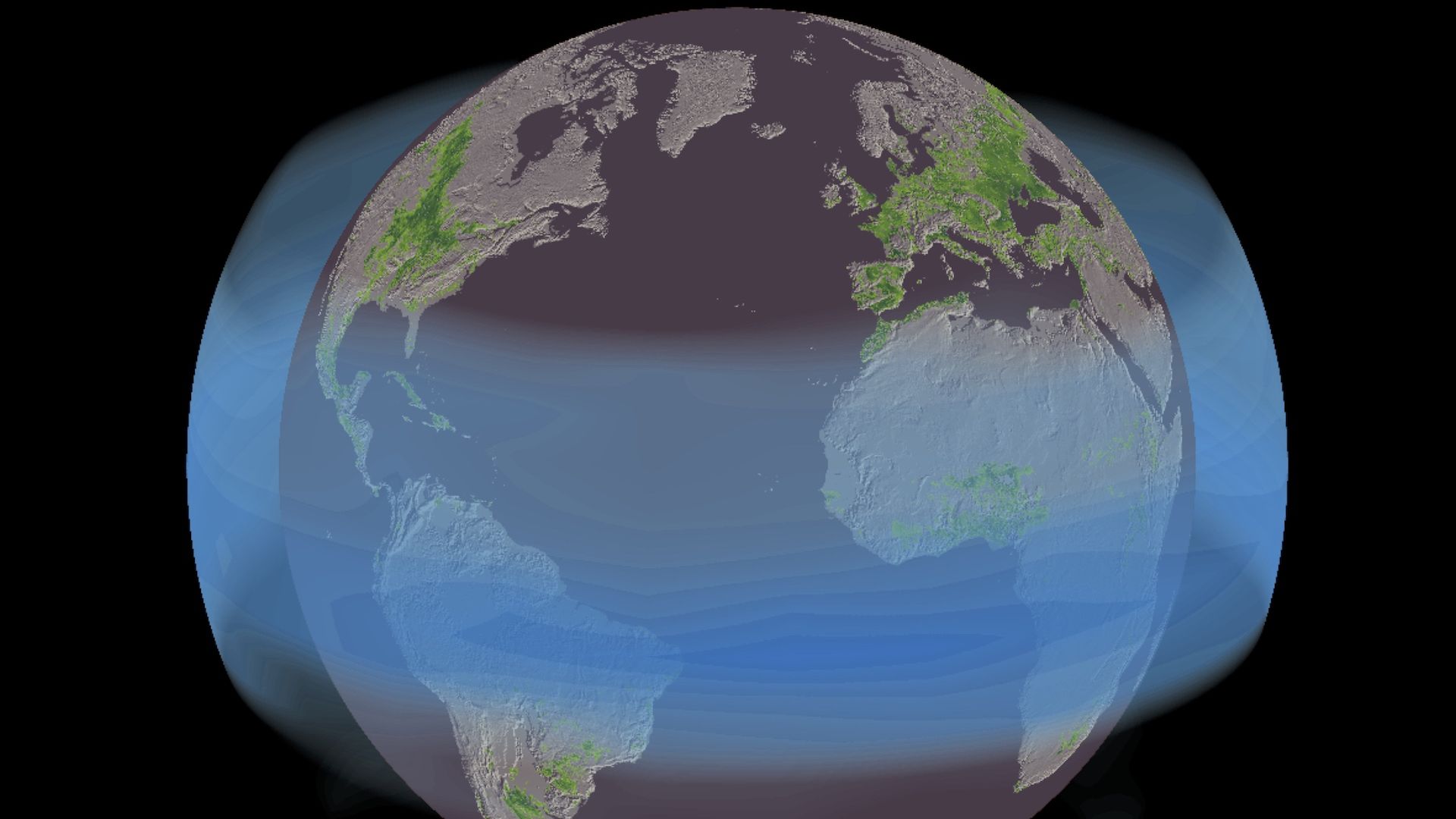 A veil of stratospheric sulfate aerosols circles the Earth in the months following the massive 1991 eruption of Mount Pinatubo. These aerosols cooled and shaded the earth's croplands, shown in green. 