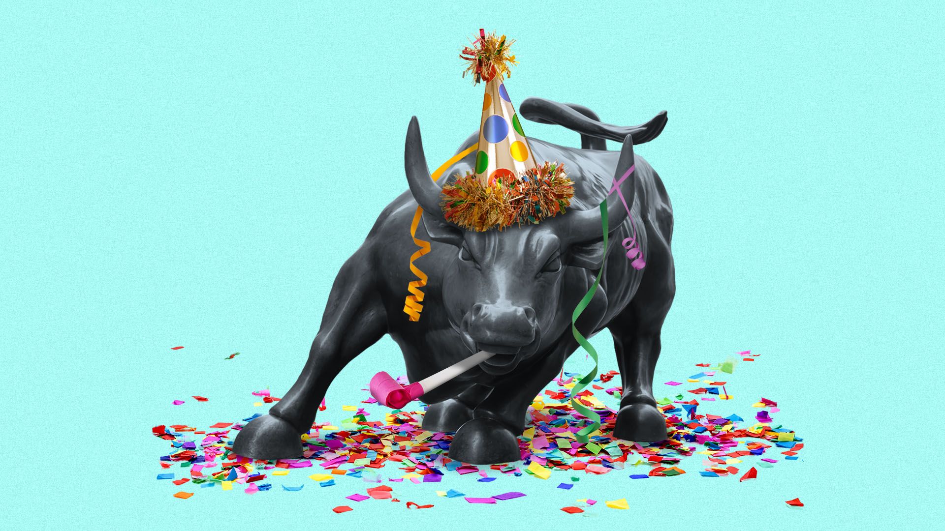 Illustration of the Wall Street bull wearing a party hat and covered in streamers and confetti.