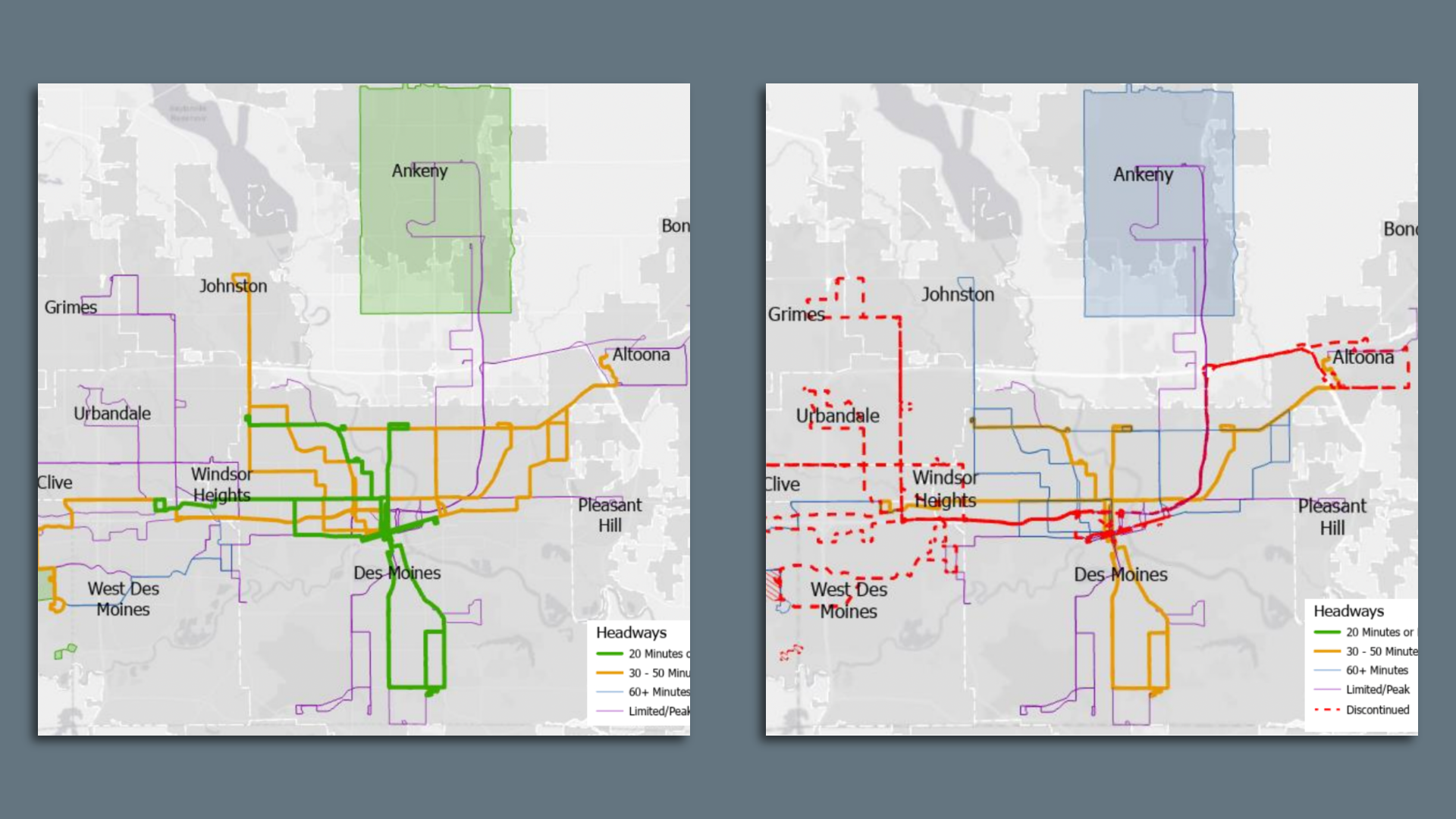Left: A map showing the routes services if DART is fully funded. Right: Routes that would be reduced or cut if DART doesn't receive any additional funds.