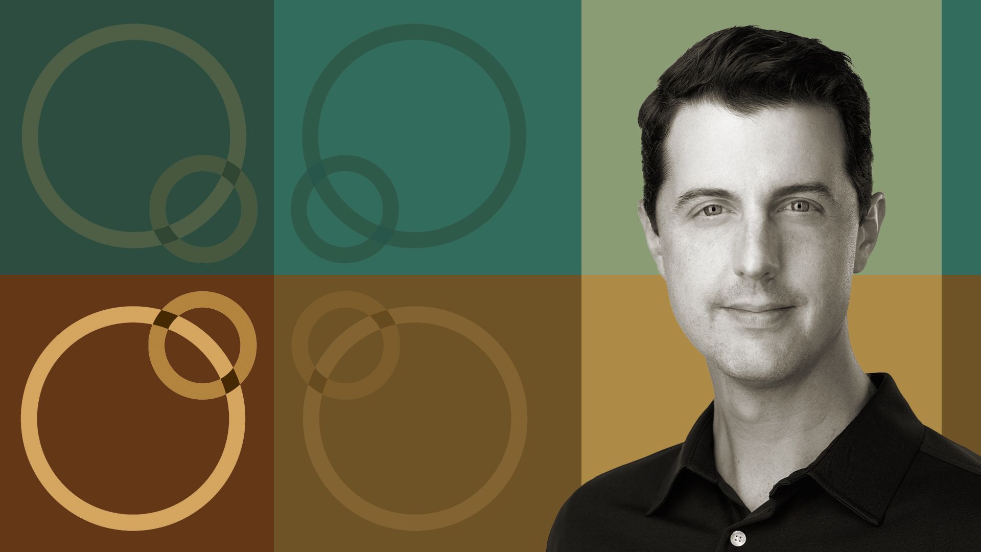 Photo illustration of Blair Garrou with the Mercury fund logo and abstract shapes.