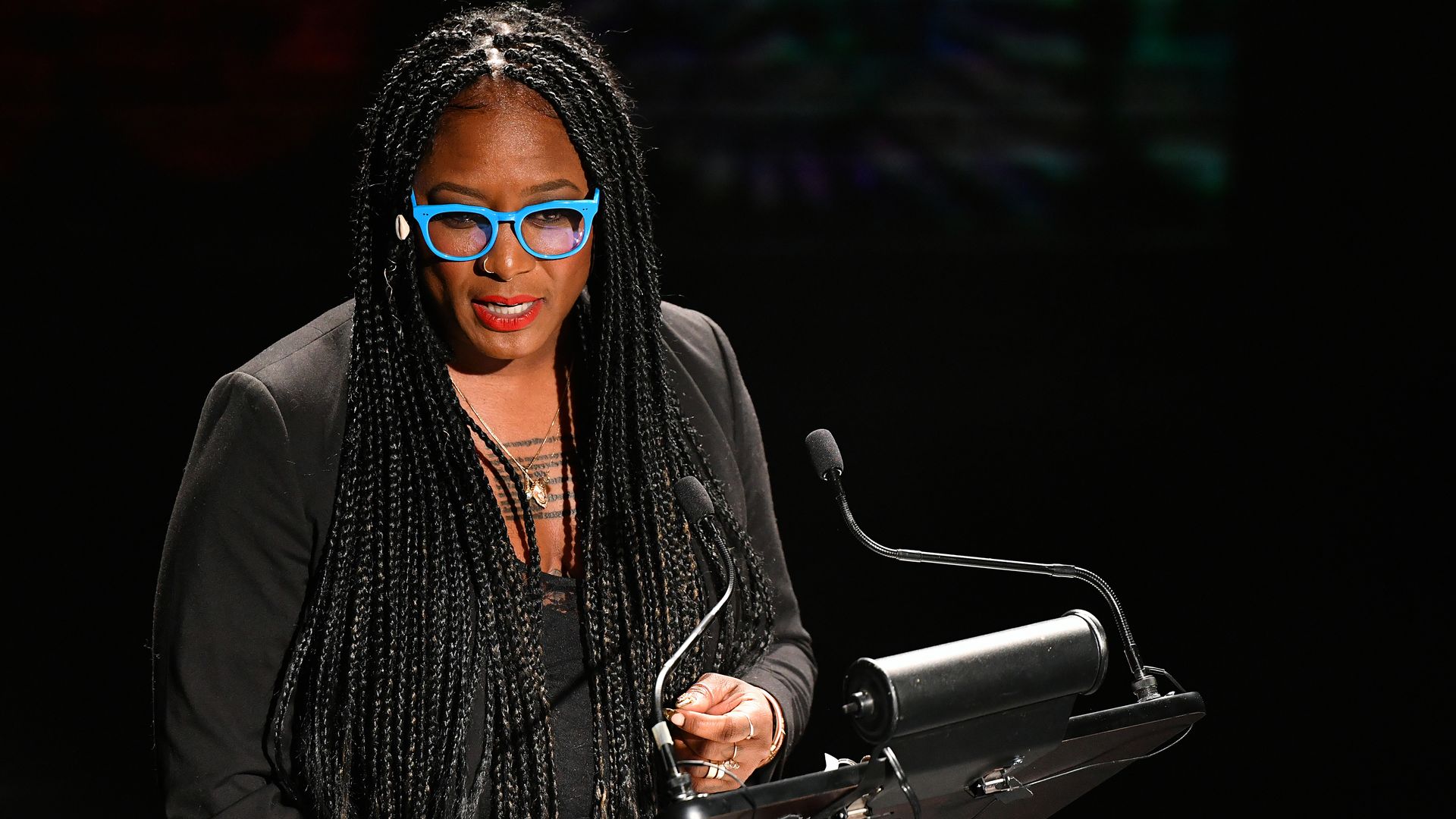 Alicia Garza speaking onstage in New York City in February.