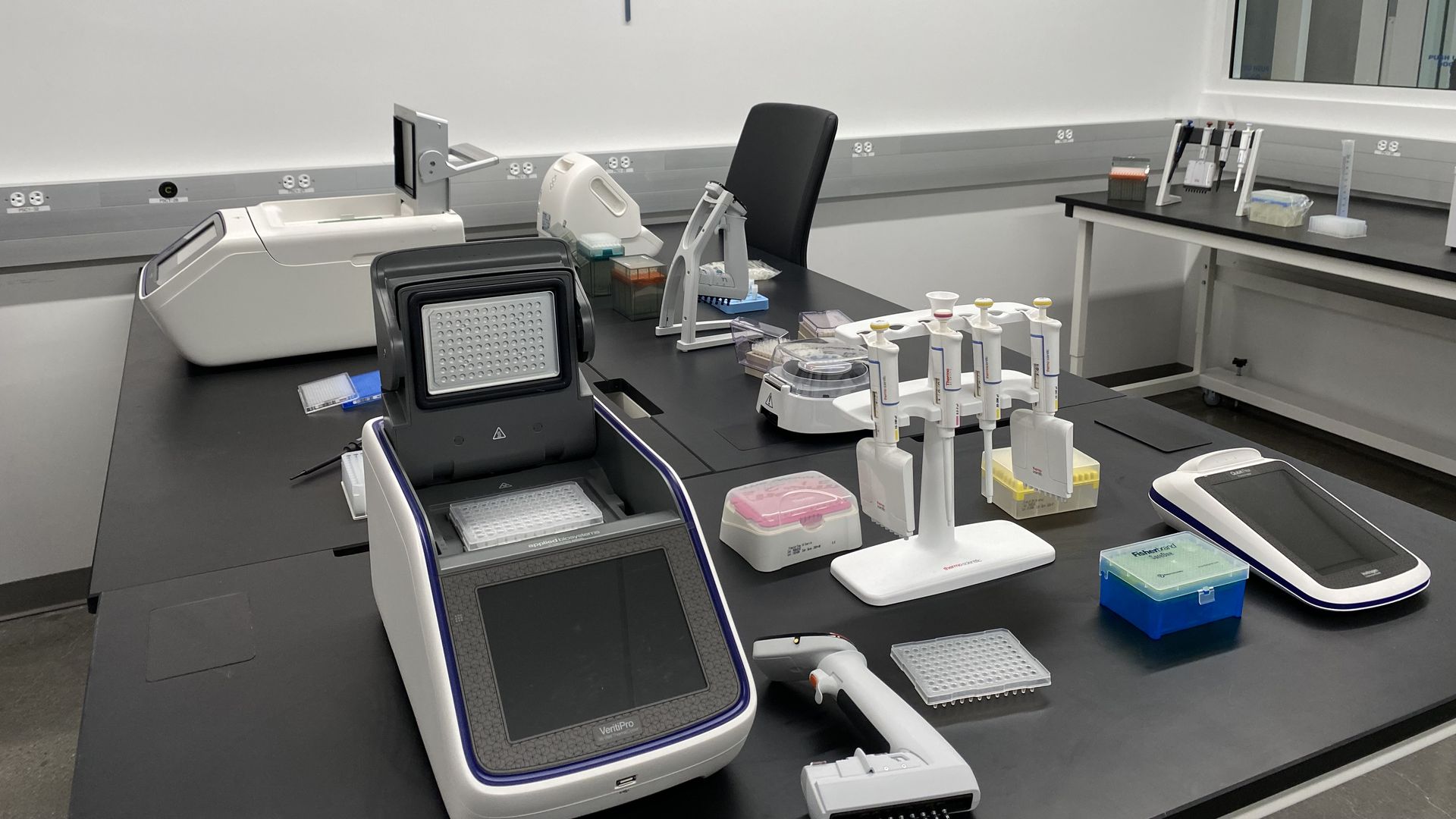 Lab equipment on a table. 