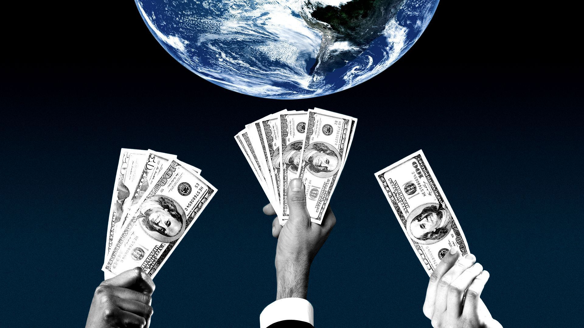 Illustration of hands holding 100 dollar bills to the world