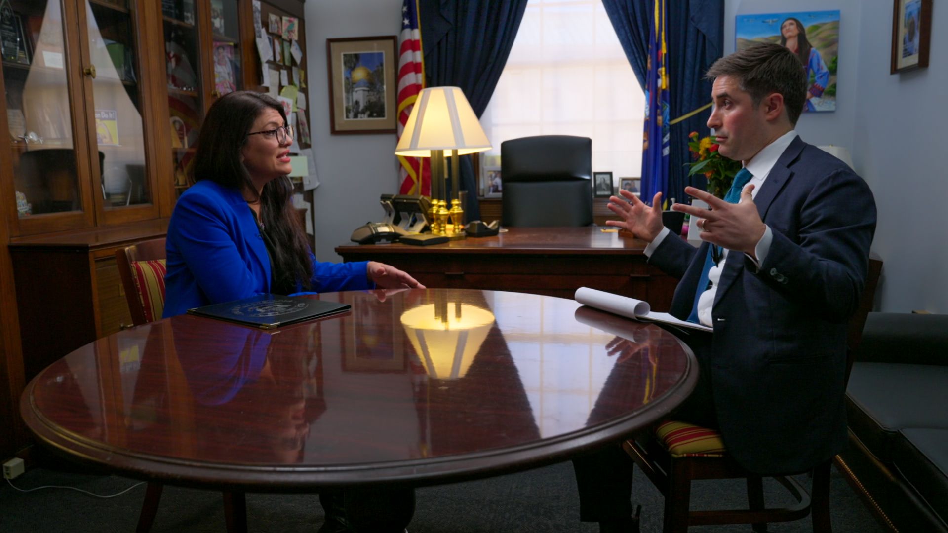 Rep. Rashida Tlaib is seen speaking with Jonathan Swan for "Axios on HBO."