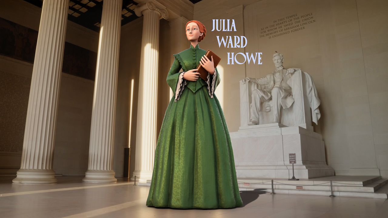 Julia Ward Howe stands in a museum hall in a green Victorian gown, holding a brown book. Tall white columns frame her; a large seated statue and inscriptions appear in the background.