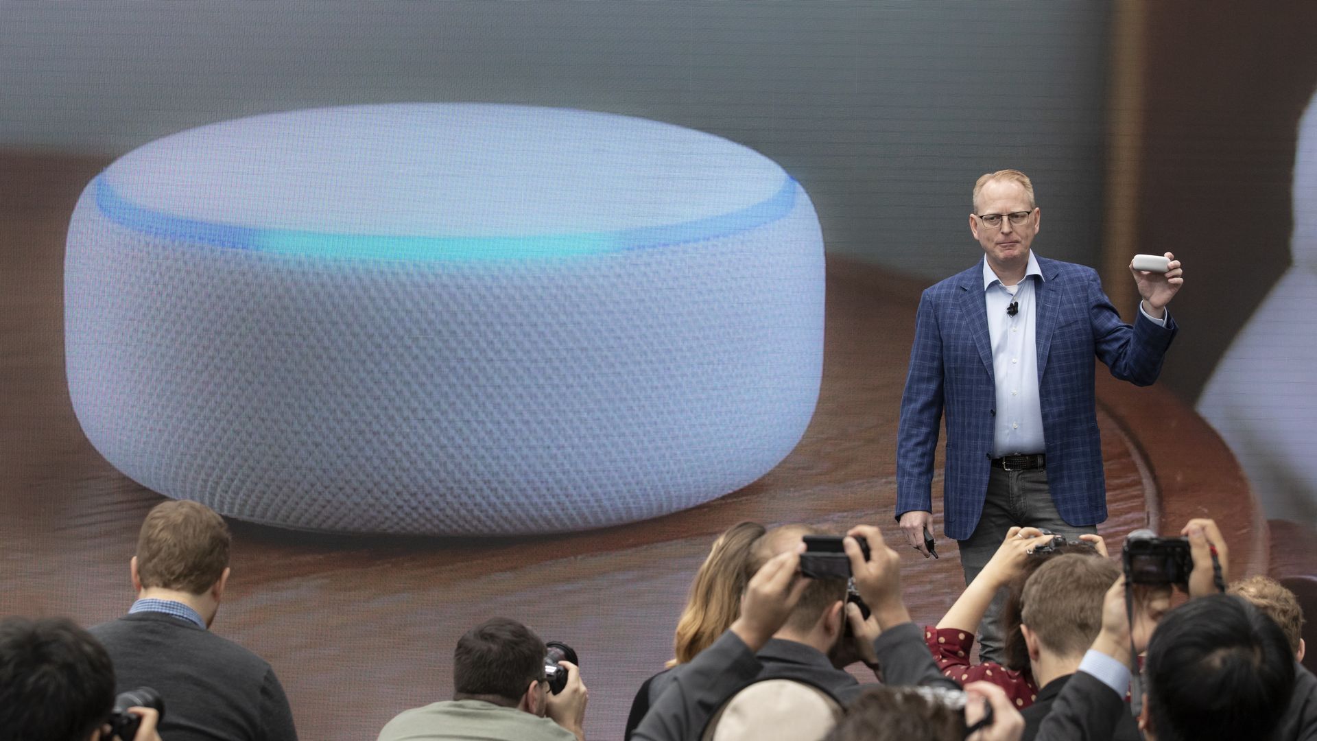 Dave Limp, Senior Vice President of Amazon Devices, introduces an redesigned echo dot at the Amazon Spheres