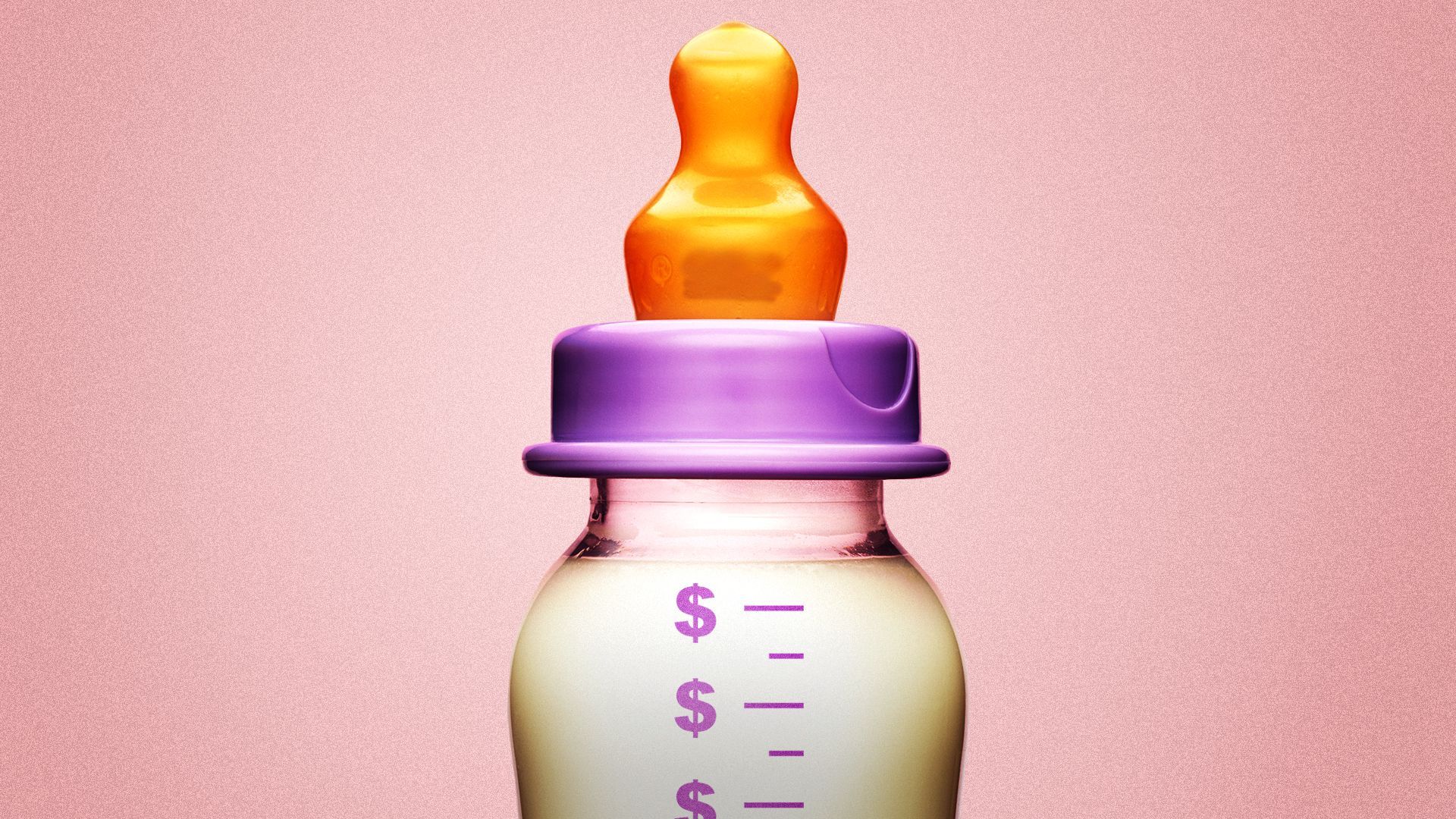 an illustration of a baby bottle full of milk with dollar signs next to the measurement lines