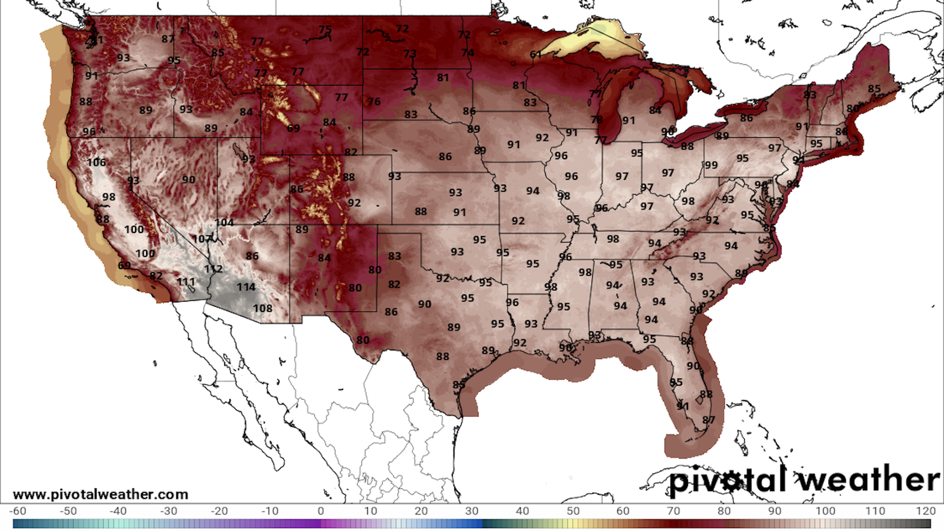 Map showing forecast maximum temperatures on Friday June 21.