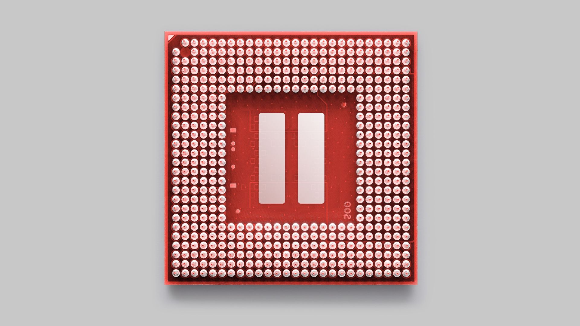 Illustration of a computer chip with a pause button in the center.