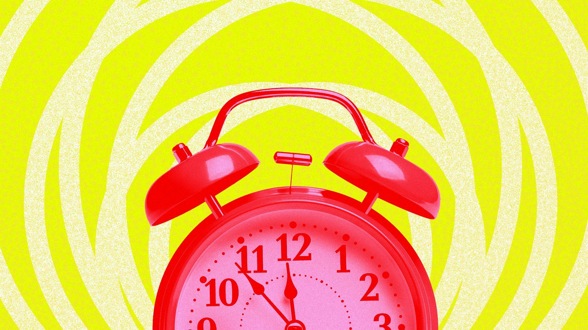 Illustration of a red alarm clock with graphic shapes in the background