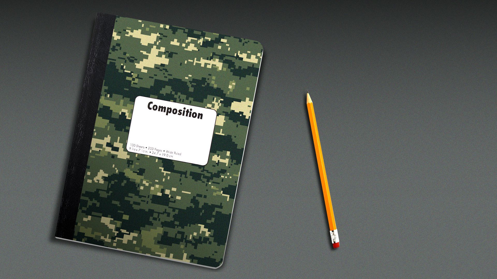 Illustration of a composition school notebook with a camouflage pattern