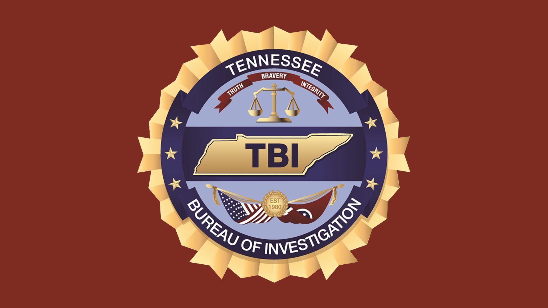 The logo of the Tennessee Bureau of Investigation on a red background