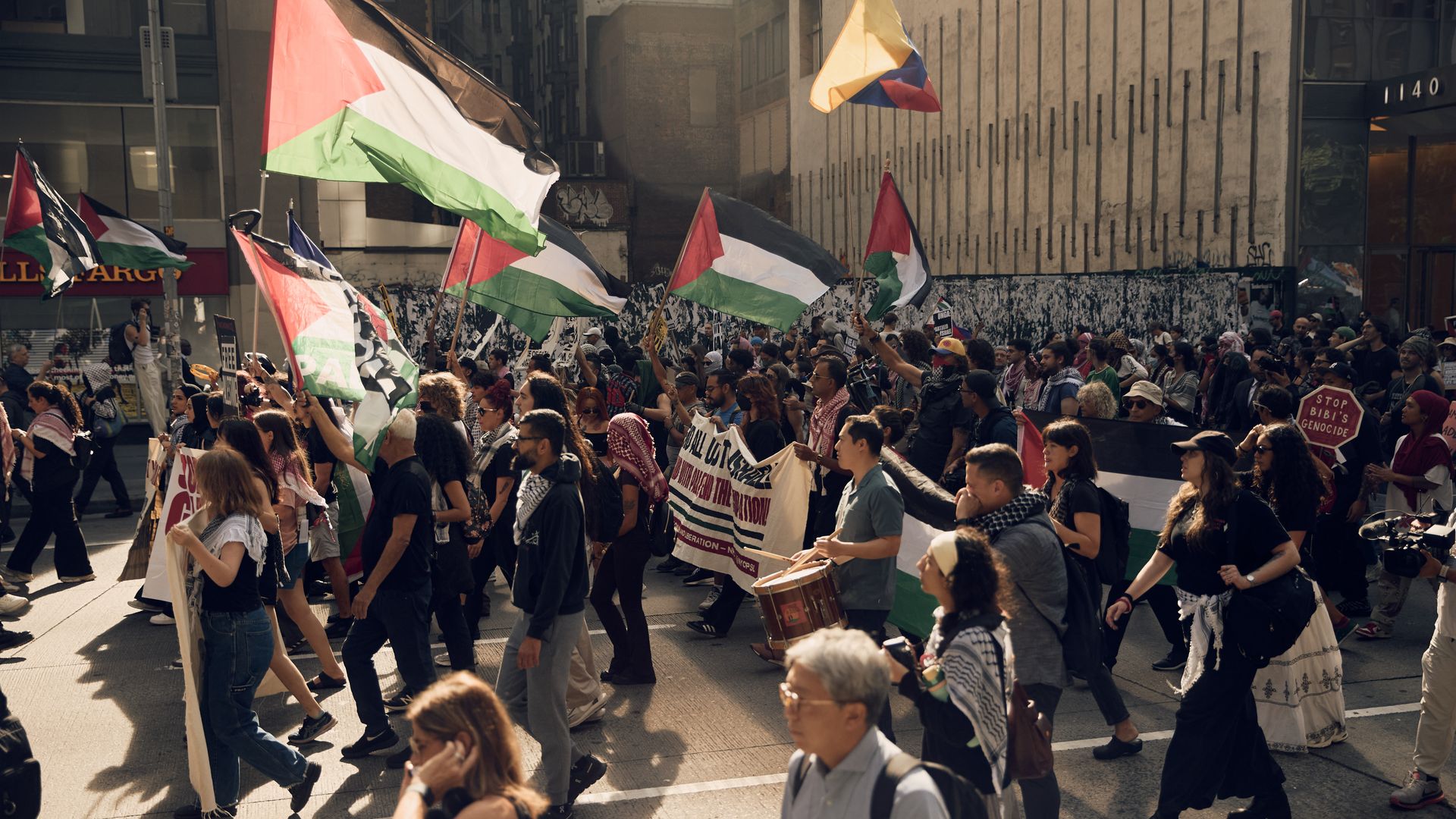 Hundreds of protesters gather in Times Square, chanting and holding signs to denounce Israel's military offensive in Gaza, as Israeli Prime Minister Benjamin Netanyahu addressed the United Nations General Assembly in New York, United States on September 26, 2025. 