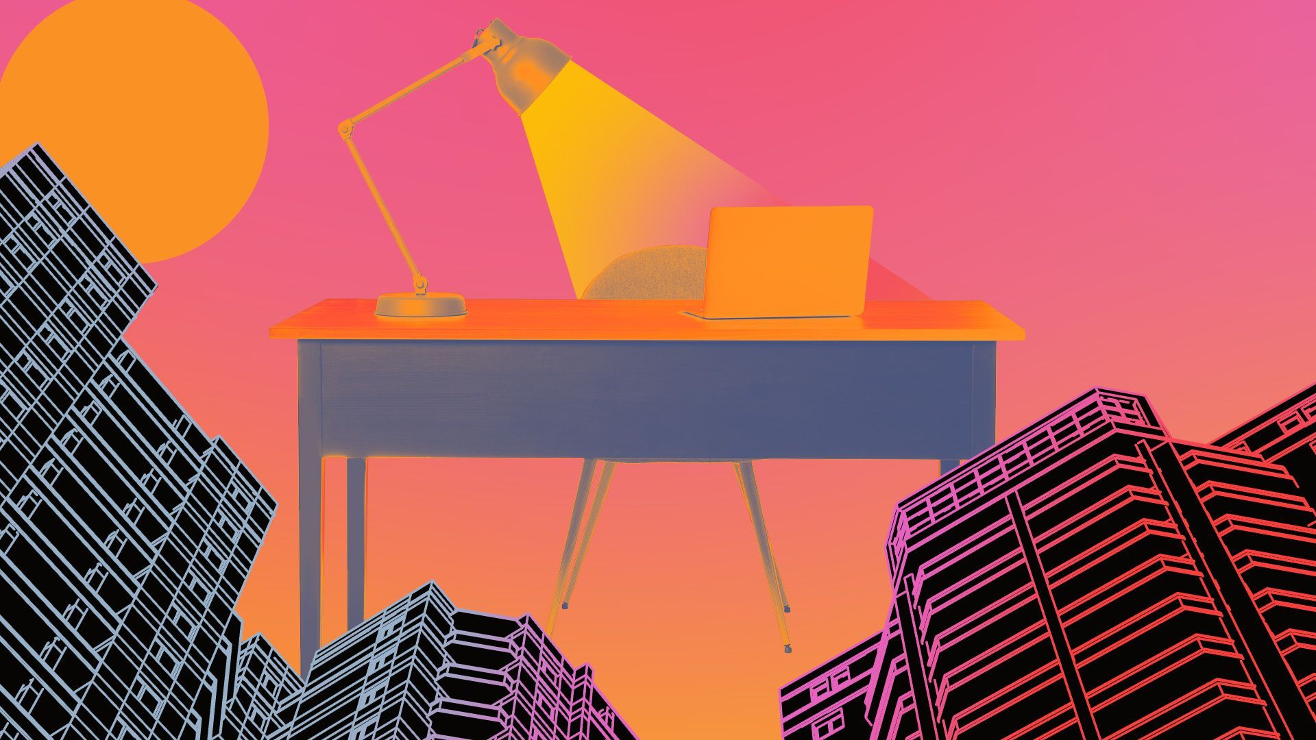 Illustration of a work desk with a lamp beside a series of building wireframes