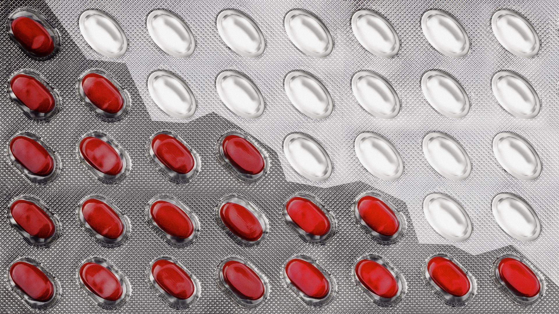 Illustration of a blister pack with pills in the style of a downward trending chart.