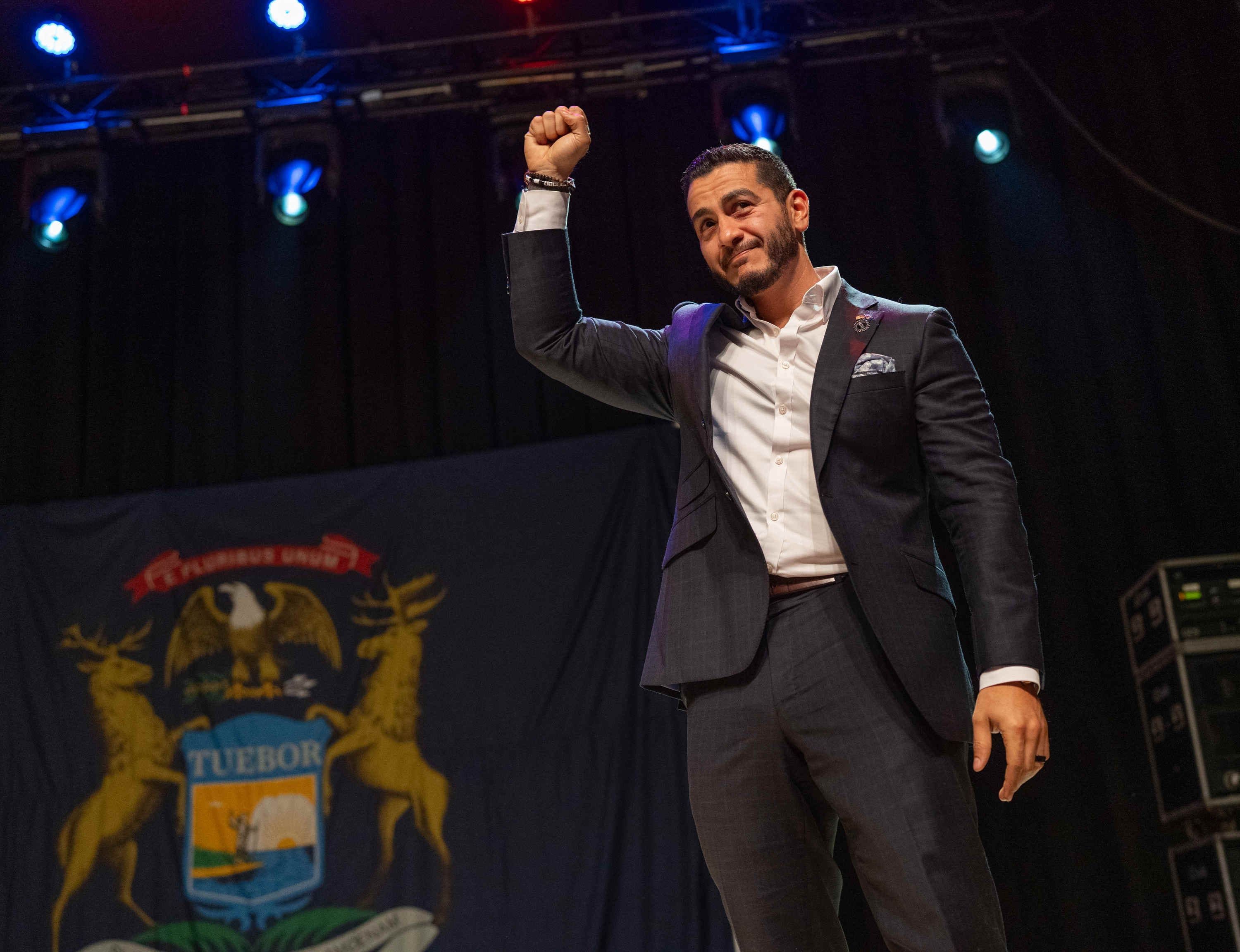 Michigan Democratic Senate candidate Abdul El-Sayed takes the stage at his election watch party in Detroit early yesterday morning.