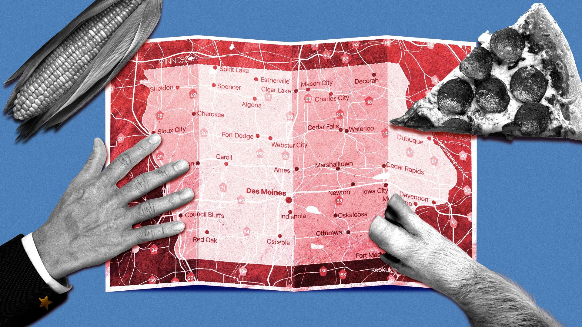 Illustration of a map of Iowa next to a slice of pizza, corn, a pig's hoof, and a man's hand.