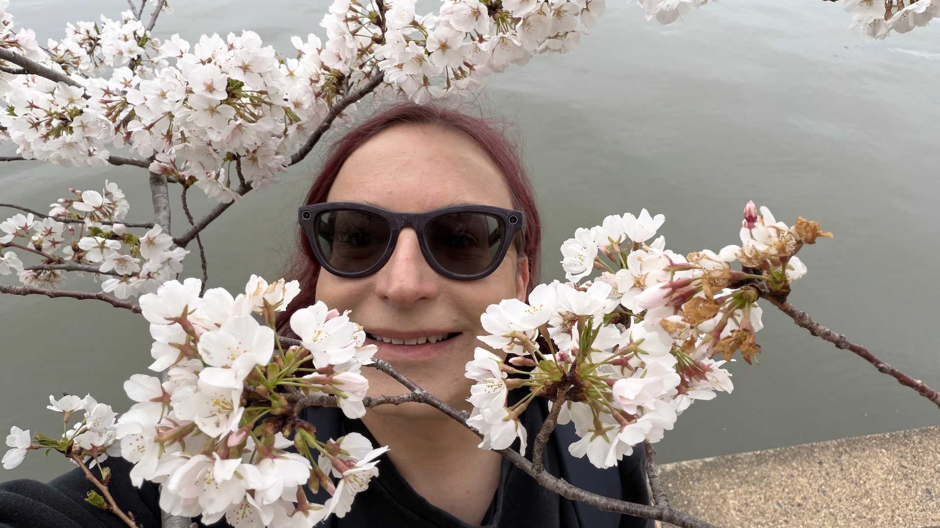 Axios' Ina Fried peeks from behind cherry blossoms