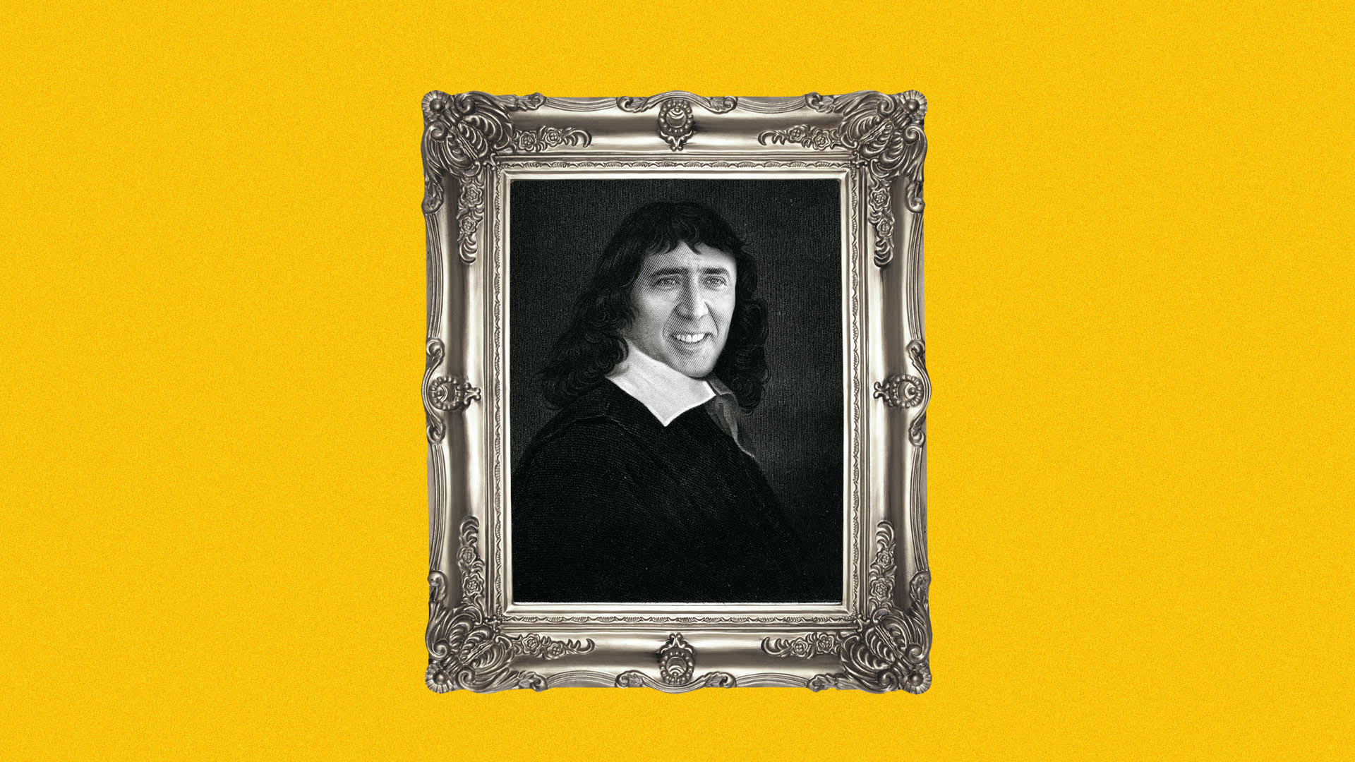 Illustration of René Descartes with Nicholas Cage's face in an ornate frame.