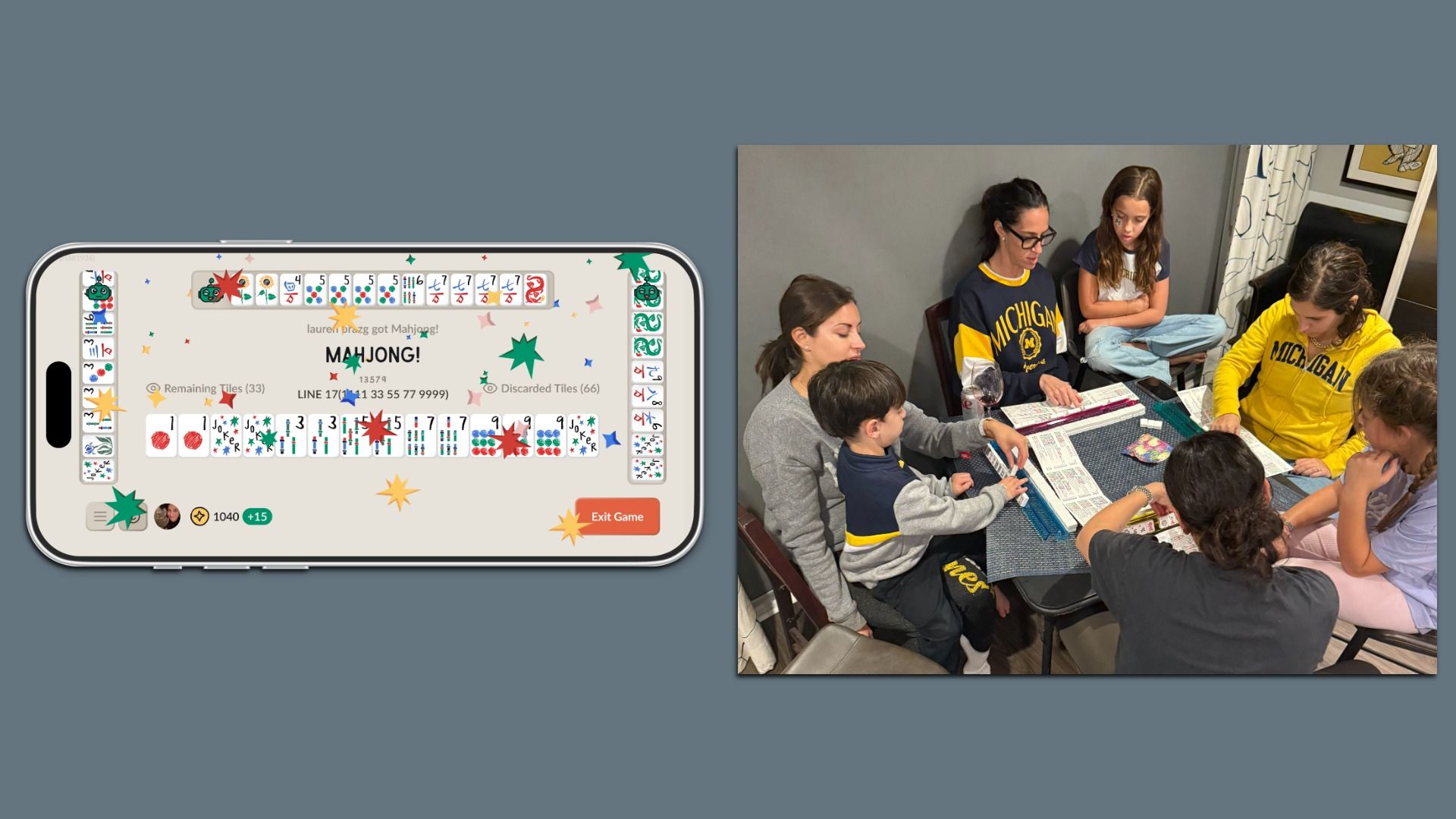 Composite image: left shows a smartphone Mahjong game with tiles and celebratory graphics; right shows six people around a table indoors, playing Mahjong, some wearing Michigan hoodies.